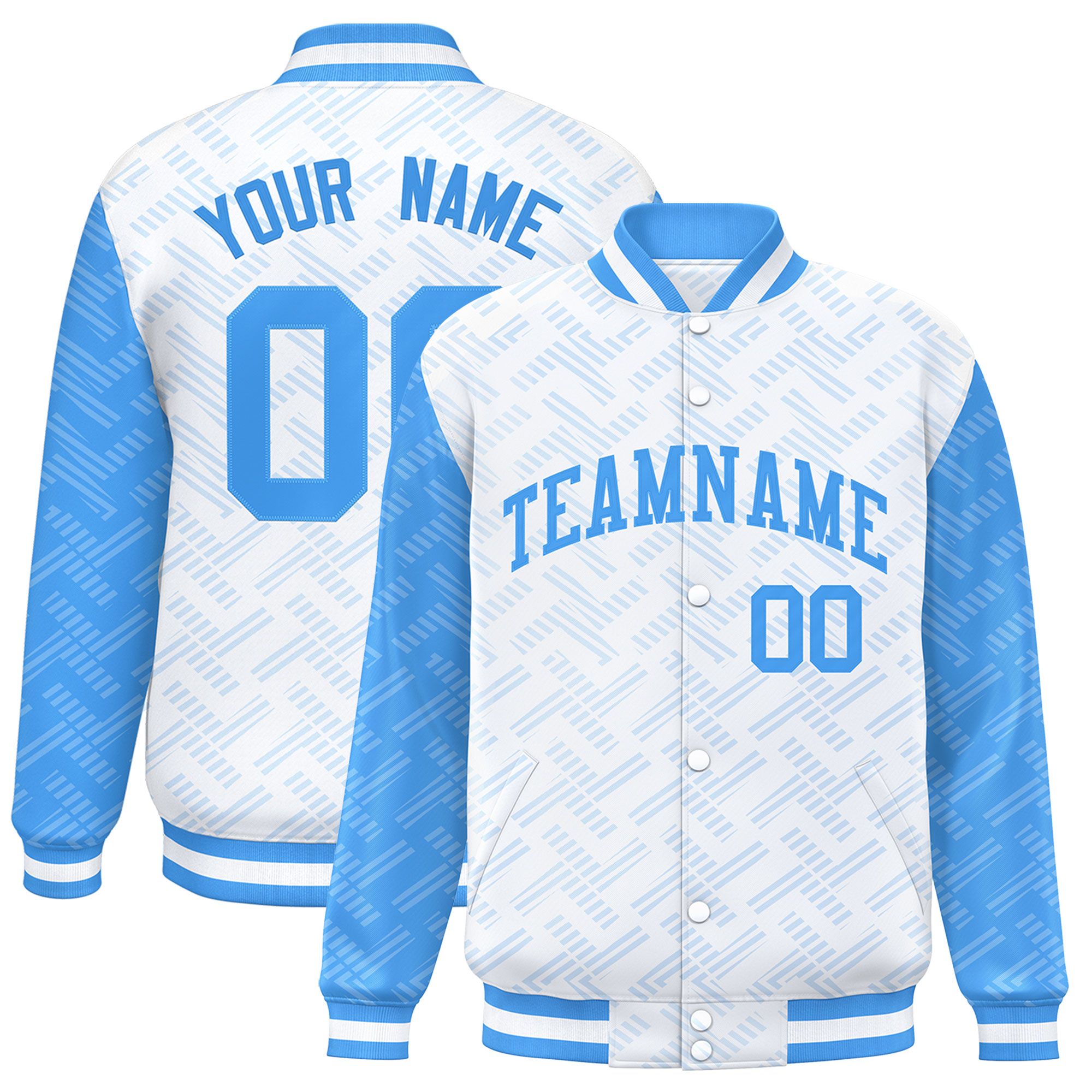 Custom White Powder Blue L Pattern Varsity Raglan Sleeves Full-Snap Letterman Baseball Jacket