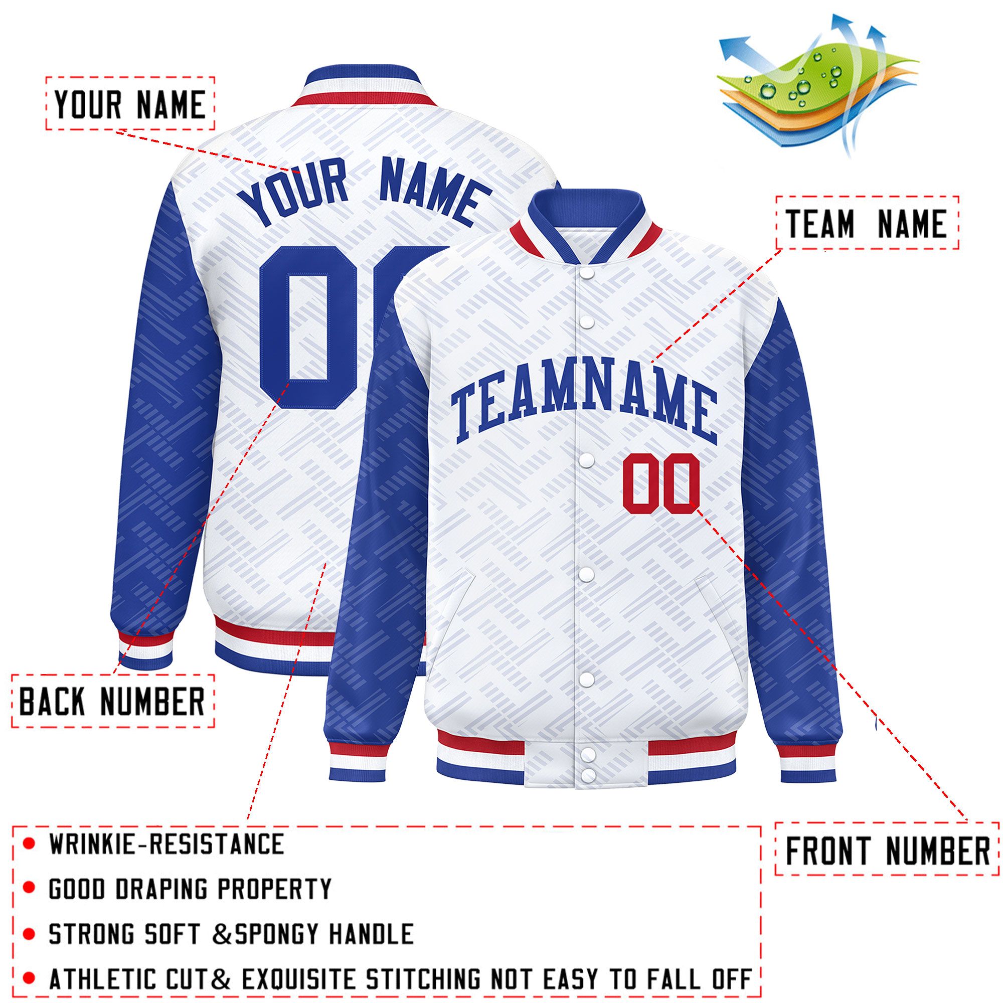 Custom White Royal L Pattern Varsity Raglan Sleeves Full-Snap Letterman Baseball Jacket