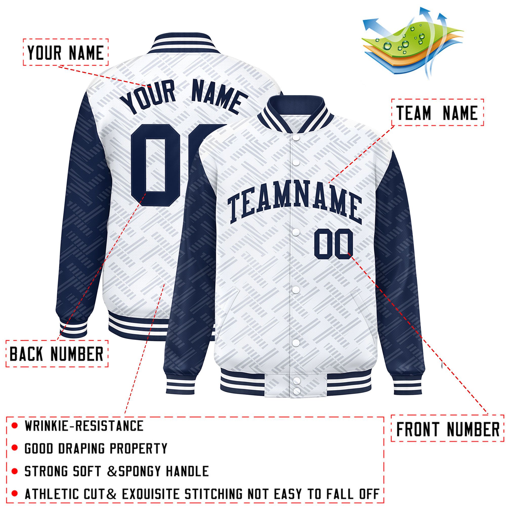 Custom White Navy L Pattern Varsity Raglan Sleeves Full-Snap Letterman Baseball Jacket