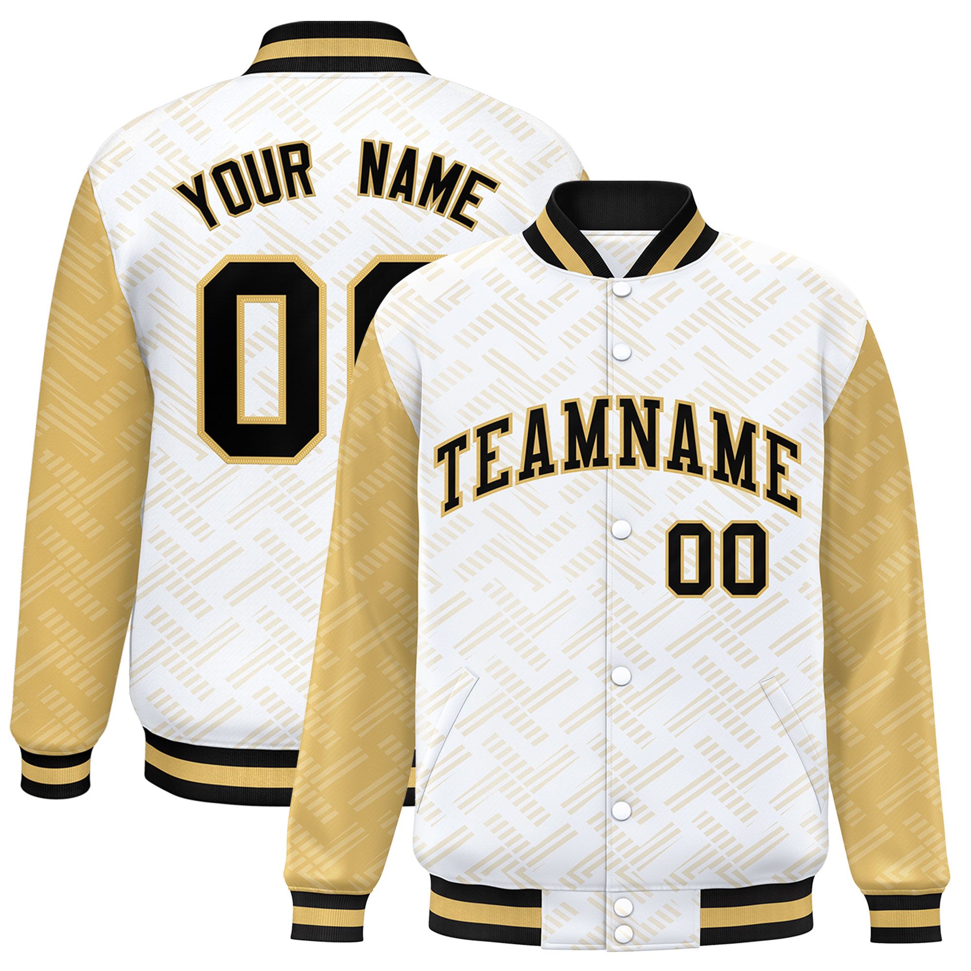 Custom White Old Gold L Pattern Varsity Raglan Sleeves Full-Snap Letterman Baseball Jacket