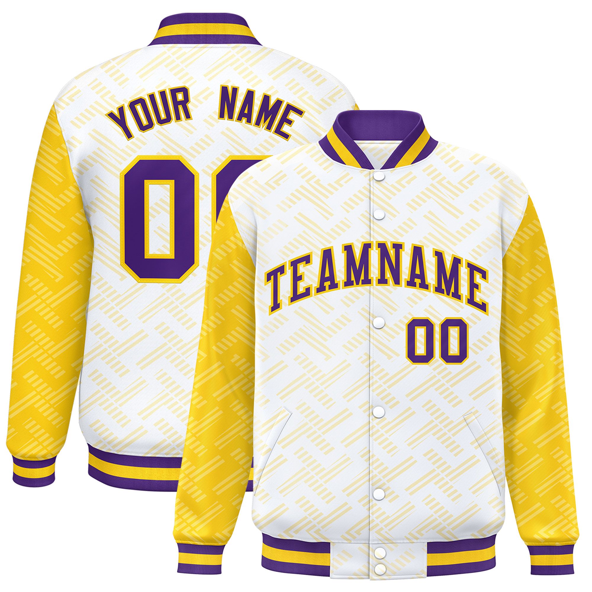 Custom White Gold L Pattern Varsity Raglan Sleeves Full-Snap Letterman Baseball Jacket