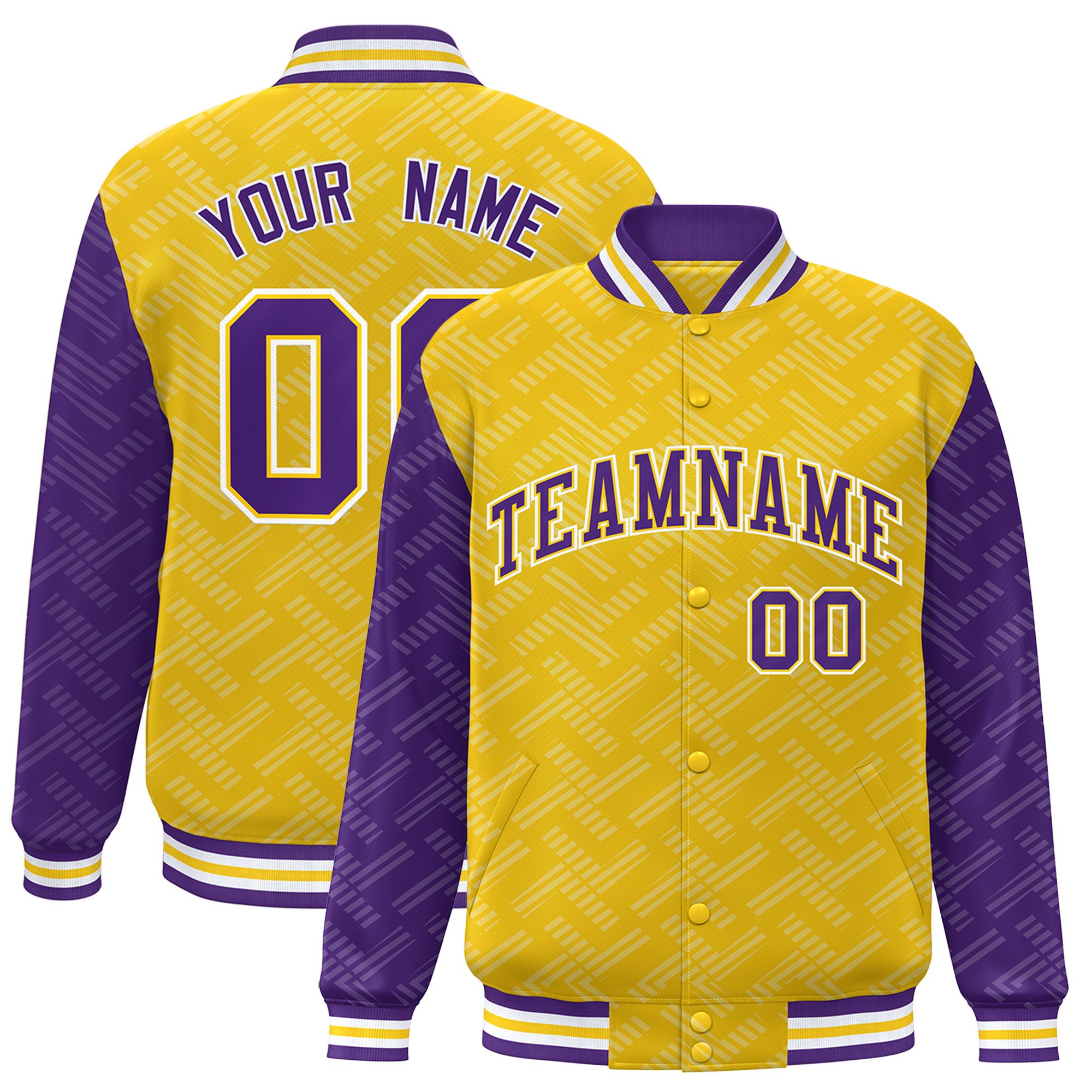 Custom Gold Purple L Pattern Varsity Raglan Sleeves Full-Snap Letterman Baseball Jacket