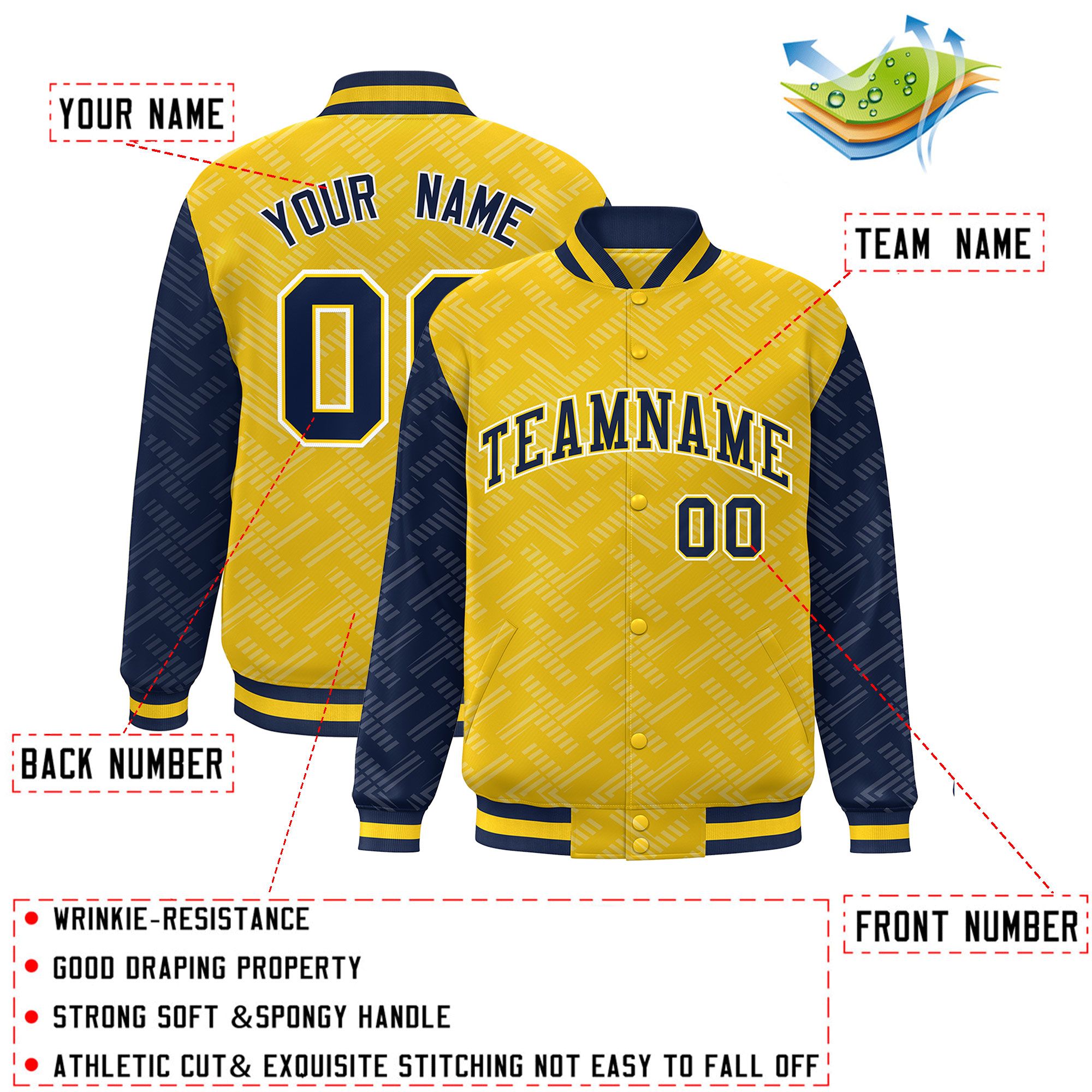 Custom Gold Navy L Pattern Varsity Raglan Sleeves Full-Snap Letterman Baseball Jacket