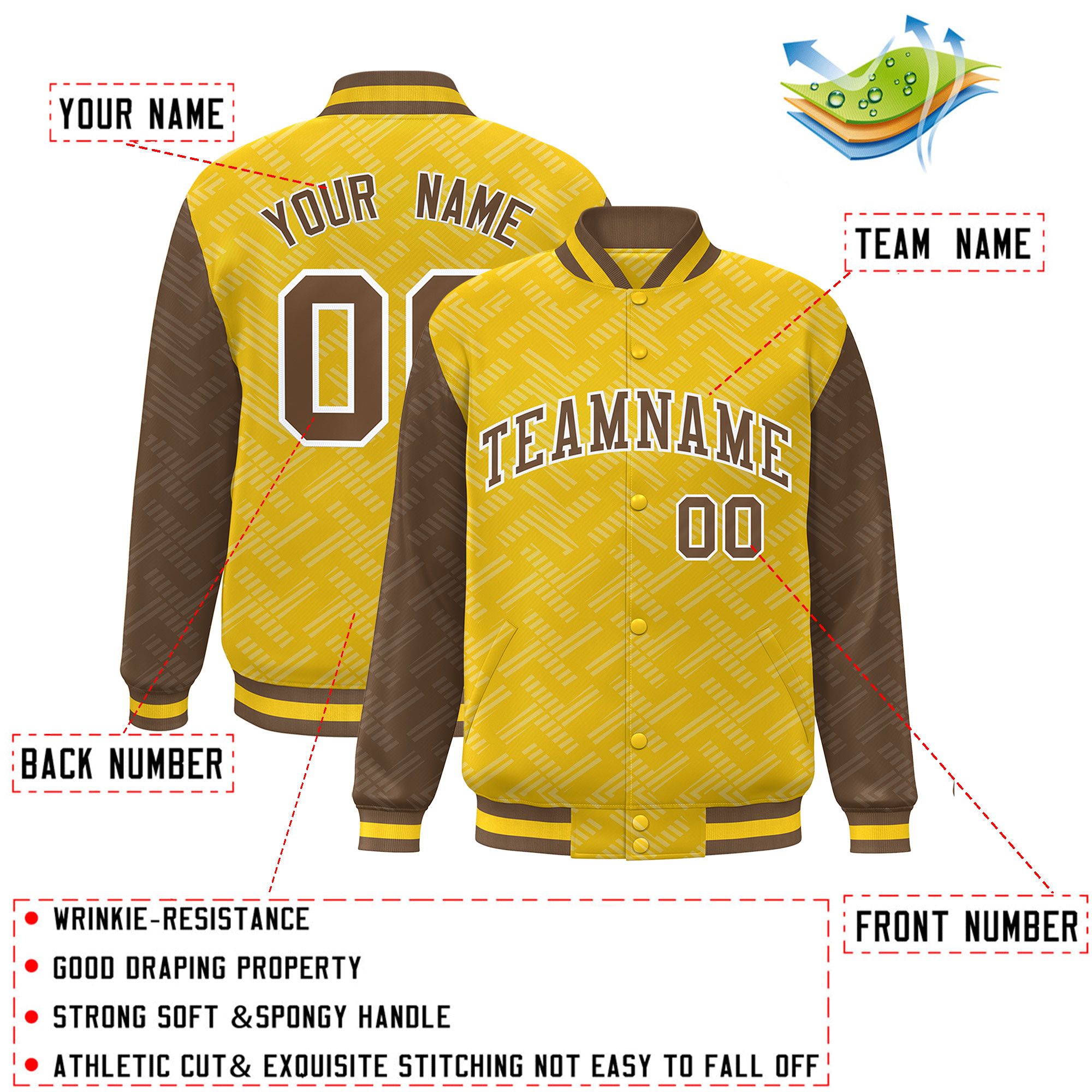 Custom Gold Light Brown L Pattern Varsity Raglan Sleeves Full-Snap Letterman Baseball Jacket