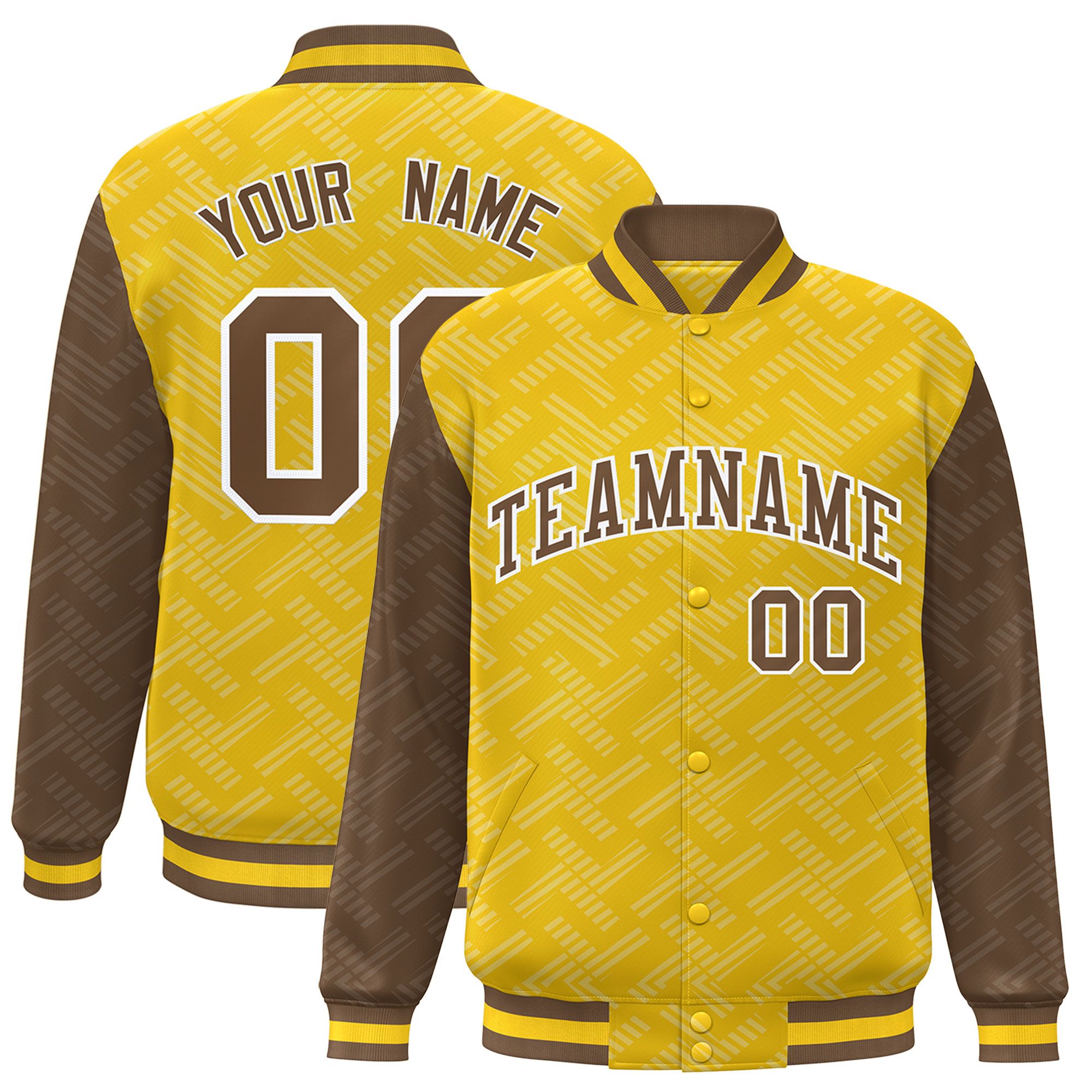 Custom Gold Light Brown L Pattern Varsity Raglan Sleeves Full-Snap Letterman Baseball Jacket