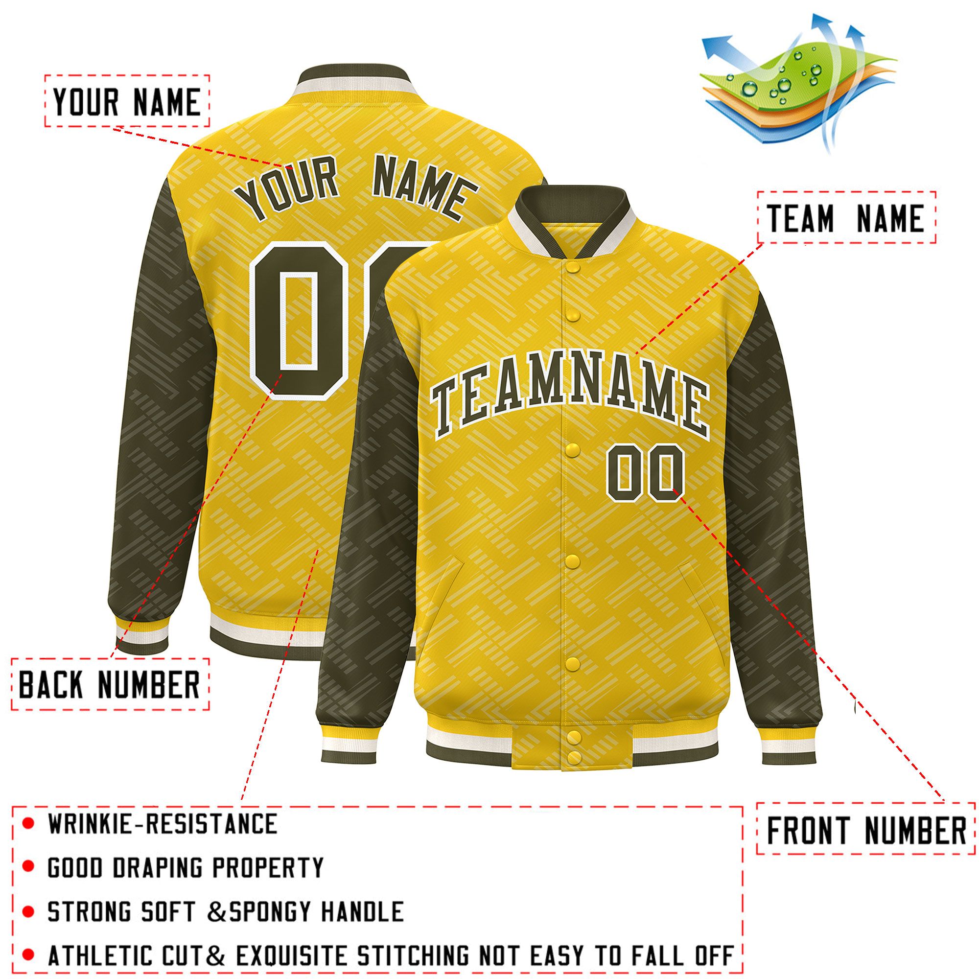 Custom Gold Olive L Pattern Varsity Raglan Sleeves Full-Snap Letterman Baseball Jacket