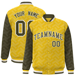 Custom Gold Olive L Pattern Varsity Raglan Sleeves Full-Snap Letterman Baseball Jacket