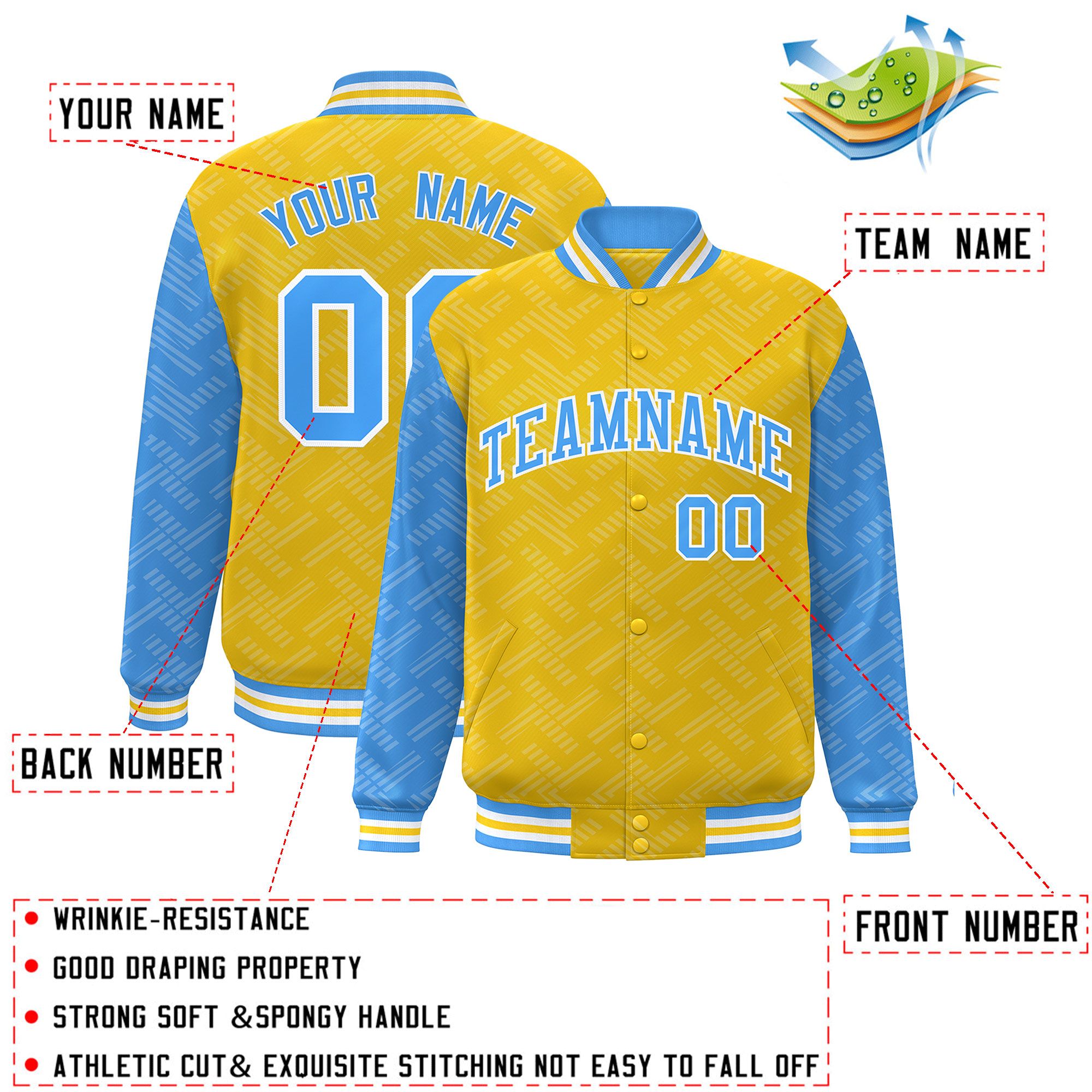 Custom Gold Powder Blue L Pattern Varsity Raglan Sleeves Full-Snap Letterman Baseball Jacket