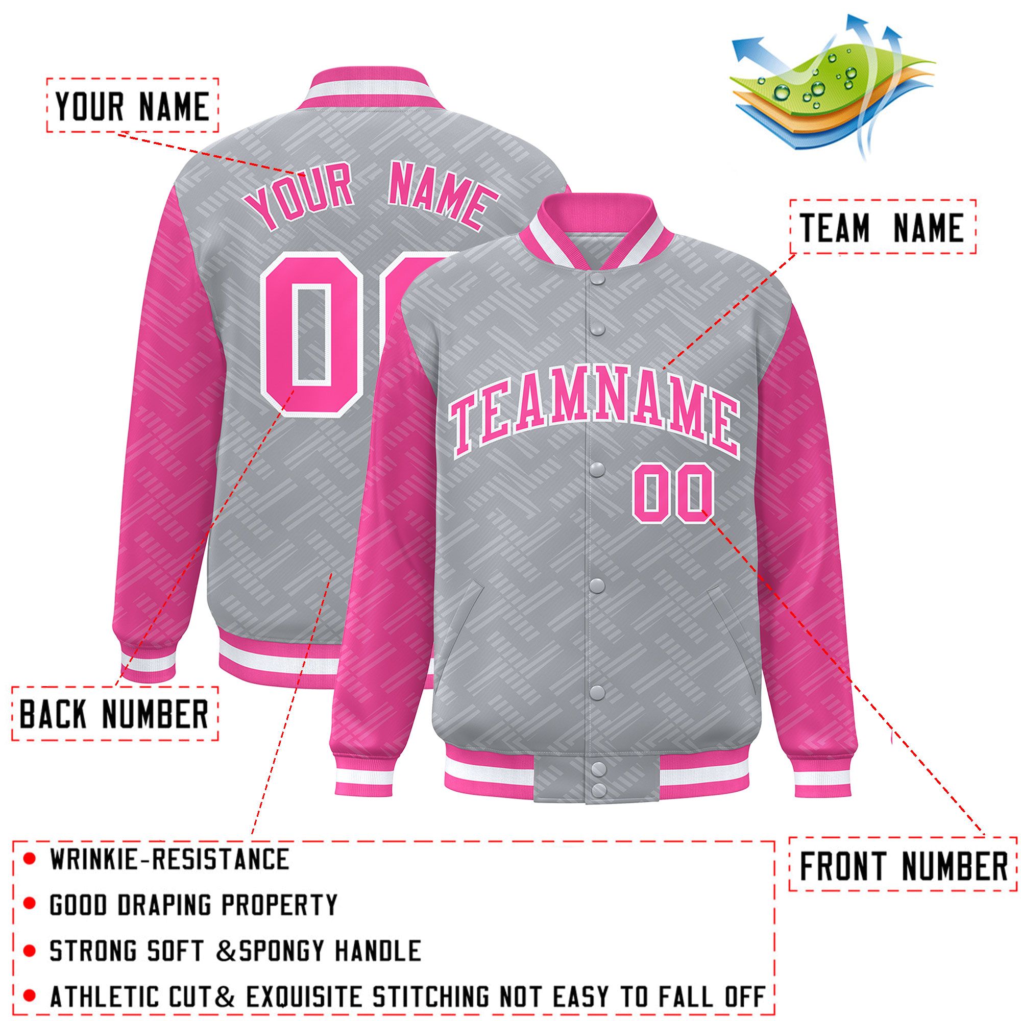 Custom Gray Pink L Pattern Varsity Raglan Sleeves Full-Snap Letterman Baseball Jacket