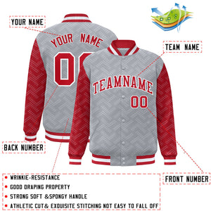 Custom Gray Red L Pattern Varsity Raglan Sleeves Full-Snap Letterman Baseball Jacket