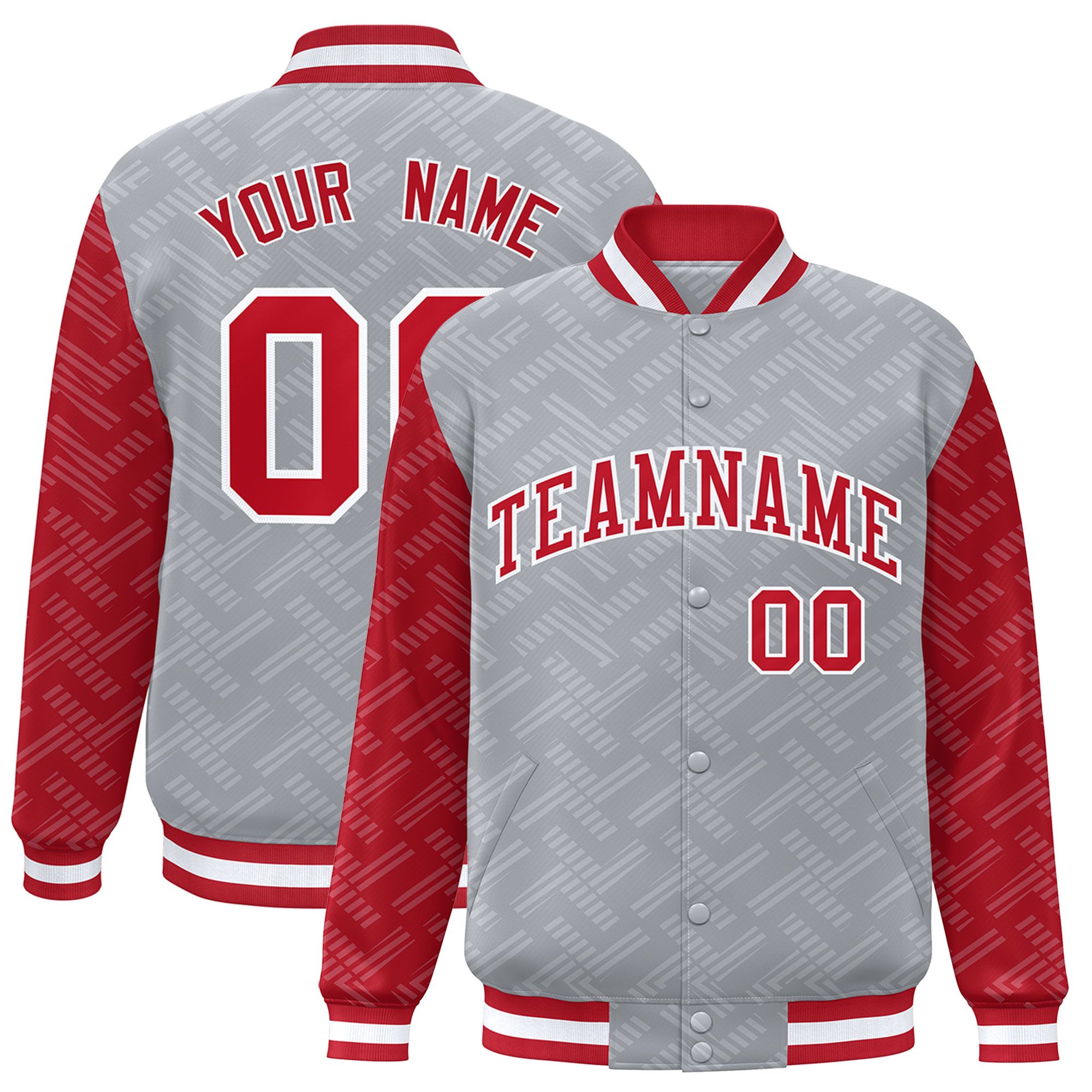 Custom Gray Red L Pattern Varsity Raglan Sleeves Full-Snap Letterman Baseball Jacket