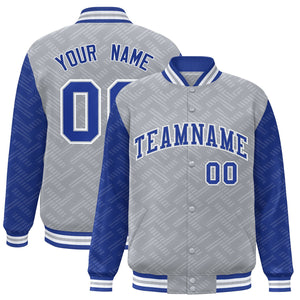 Custom Gray Royal L Pattern Varsity Raglan Sleeves Full-Snap Letterman Baseball Jacket