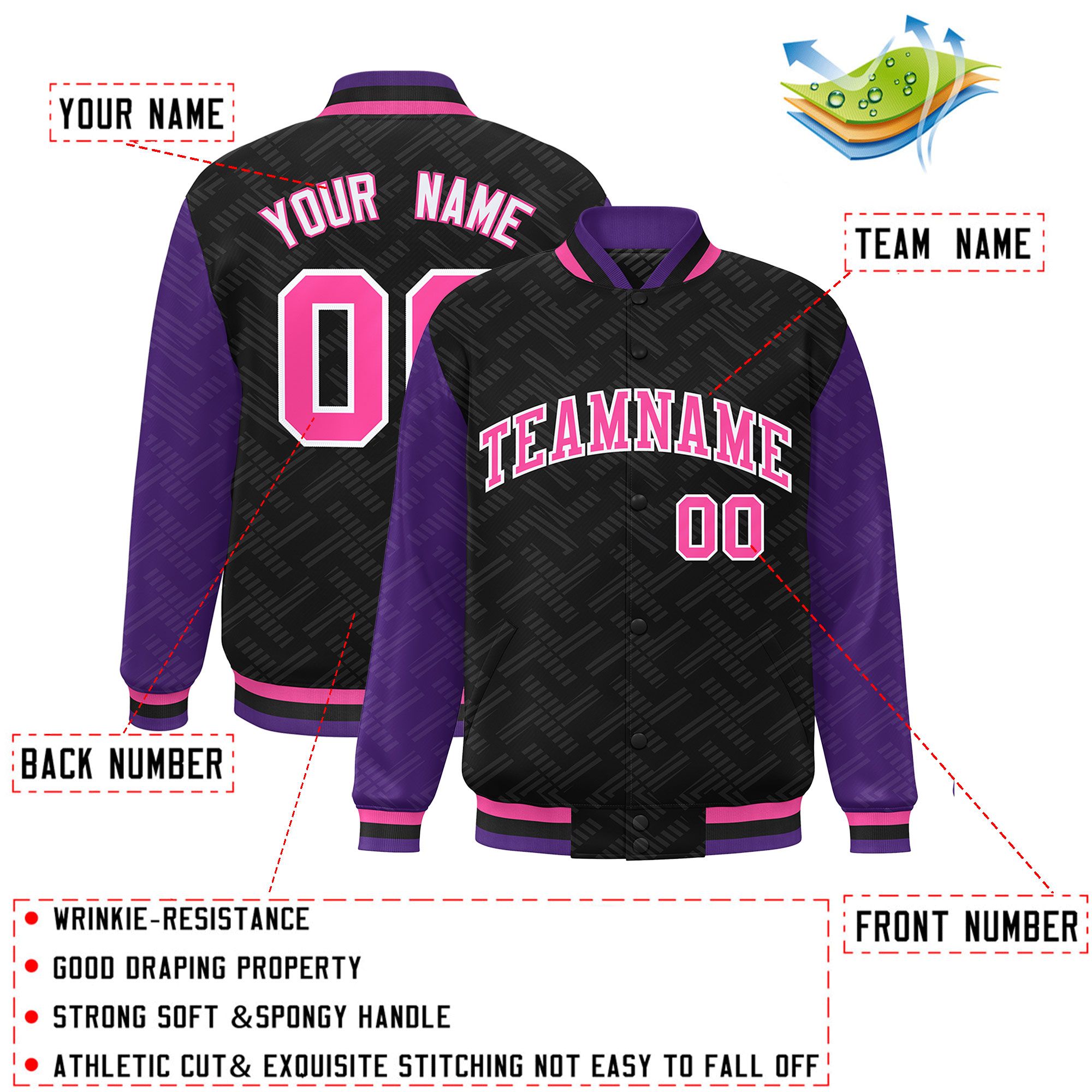 Custom Black Purple L Pattern Varsity Raglan Sleeves Full-Snap Letterman Baseball Jacket