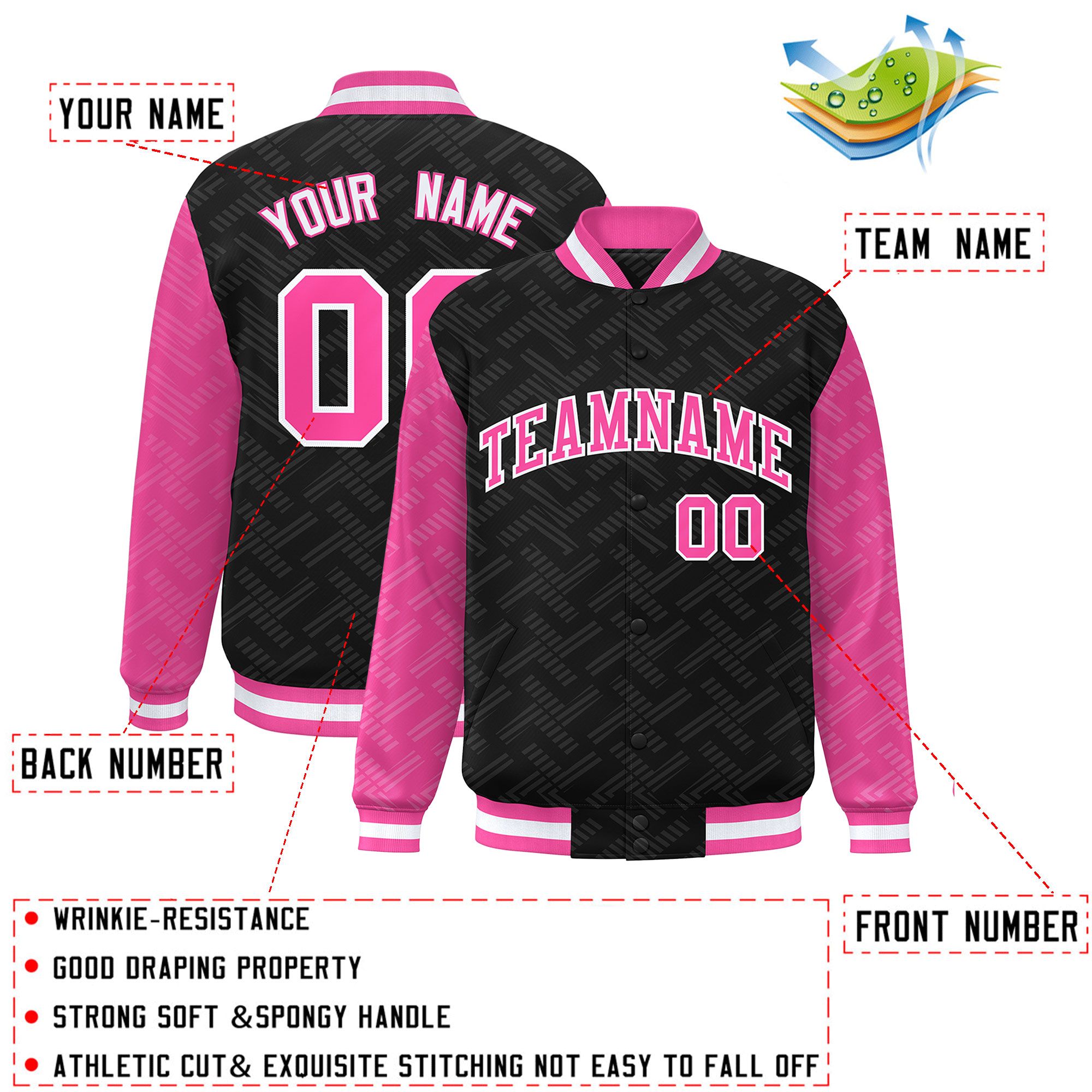 Custom Black Pink L Pattern Varsity Raglan Sleeves Full-Snap Letterman Baseball Jacket