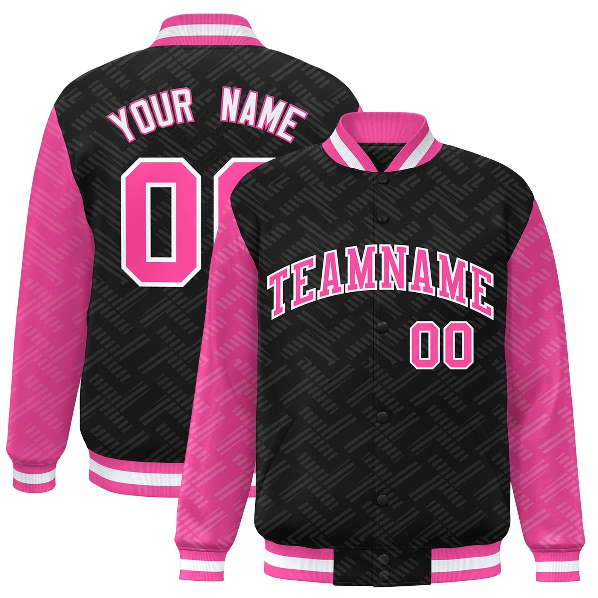 Custom Black Pink L Pattern Varsity Raglan Sleeves Full-Snap Letterman Baseball Jacket