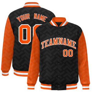 Custom Black Orange L Pattern Varsity Raglan Sleeves Full-Snap Letterman Baseball Jacket