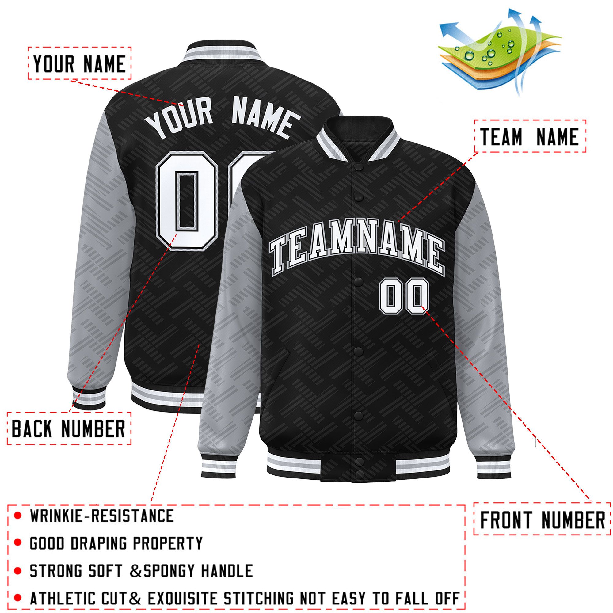 Custom Black Gray L Pattern Varsity Raglan Sleeves Full-Snap Letterman Baseball Jacket