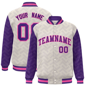 Custom Cream Purple L Pattern Varsity Raglan Sleeves Full-Snap Letterman Baseball Jacket