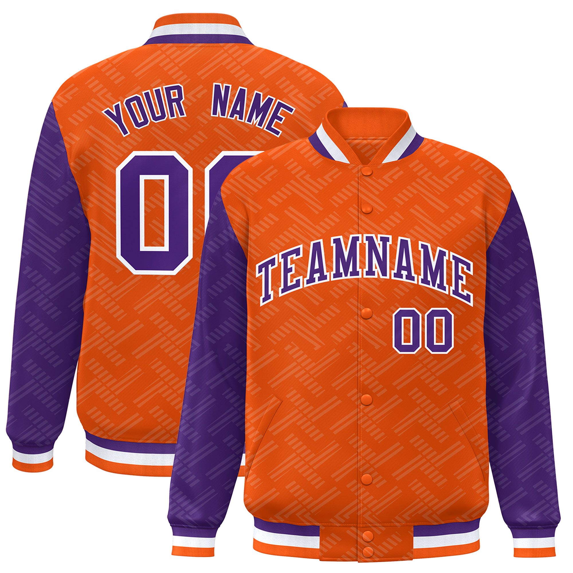 Custom Orange Purple L Pattern Varsity Raglan Sleeves Full-Snap Letterman Baseball Jacket