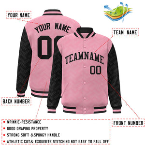 Custom Light Pink Black L Pattern Varsity Raglan Sleeves Full-Snap Letterman Baseball Jacket