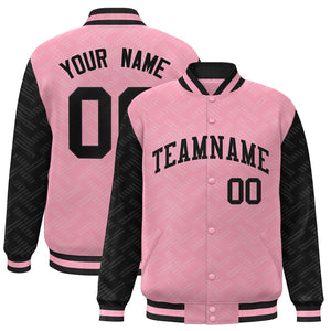 Custom Light Pink Black L Pattern Varsity Raglan Sleeves Full-Snap Letterman Baseball Jacket