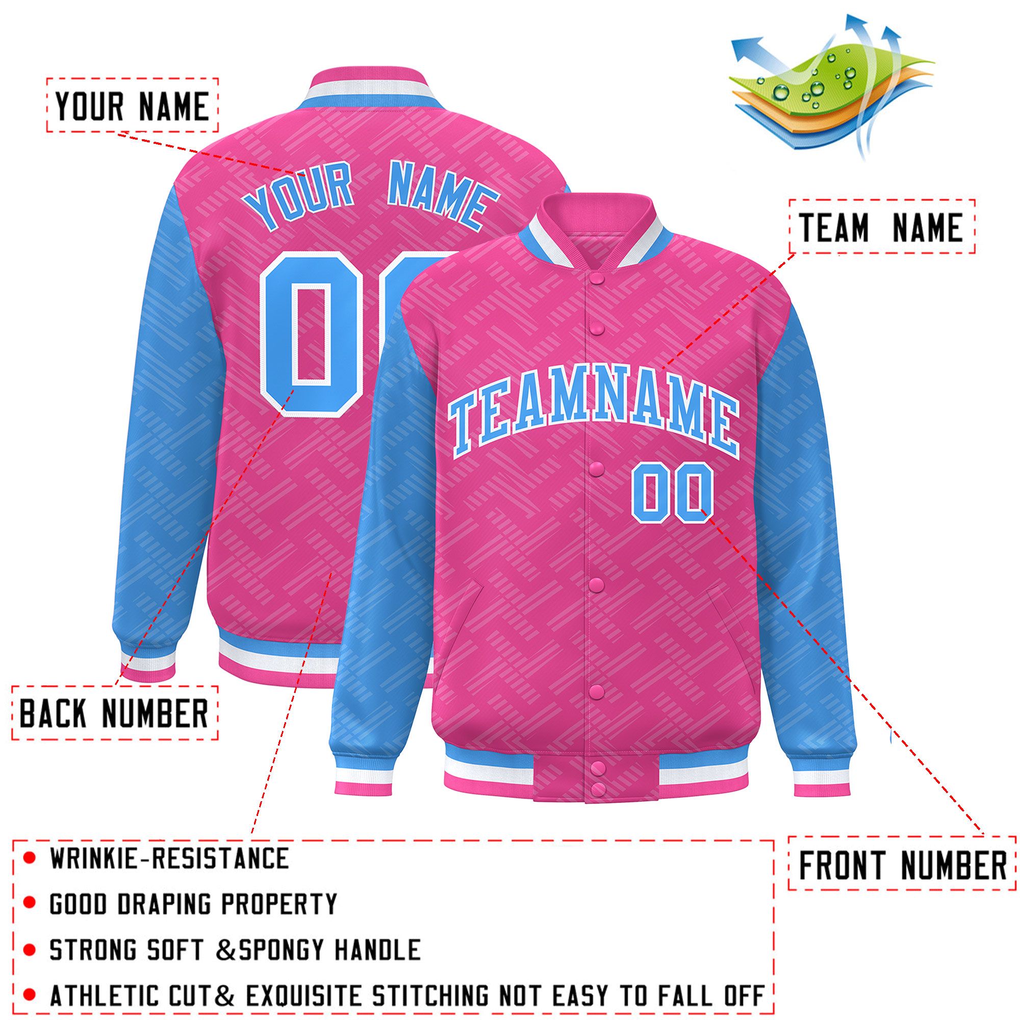 Custom Pink Powder Blue L Pattern Varsity Raglan Sleeves Full-Snap Letterman Baseball Jacket