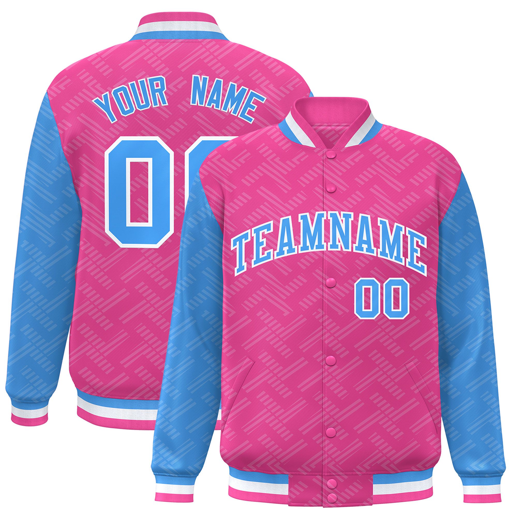 Custom Pink Powder Blue L Pattern Varsity Raglan Sleeves Full-Snap Letterman Baseball Jacket