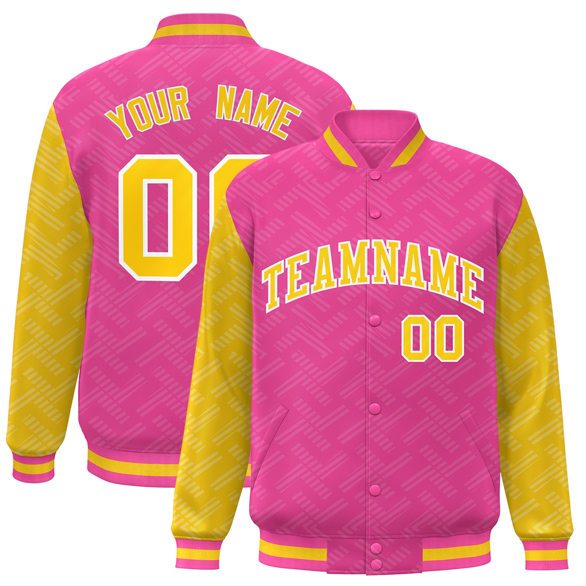 Custom Pink Gold L Pattern Varsity Raglan Sleeves Full-Snap Letterman Baseball Jacket