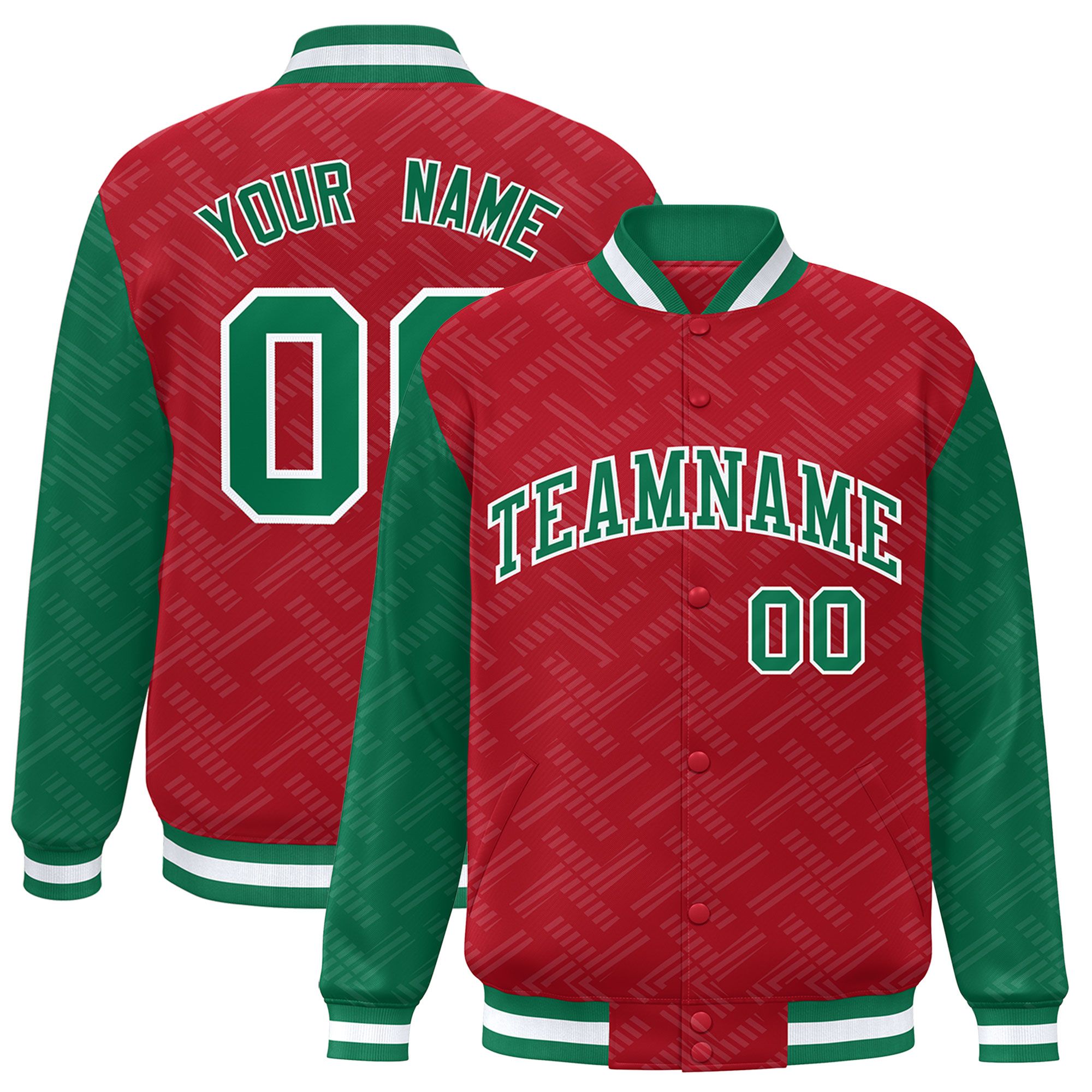 Custom Red Kelly Green L Pattern Varsity Raglan Sleeves Full-Snap Letterman Baseball Jacket