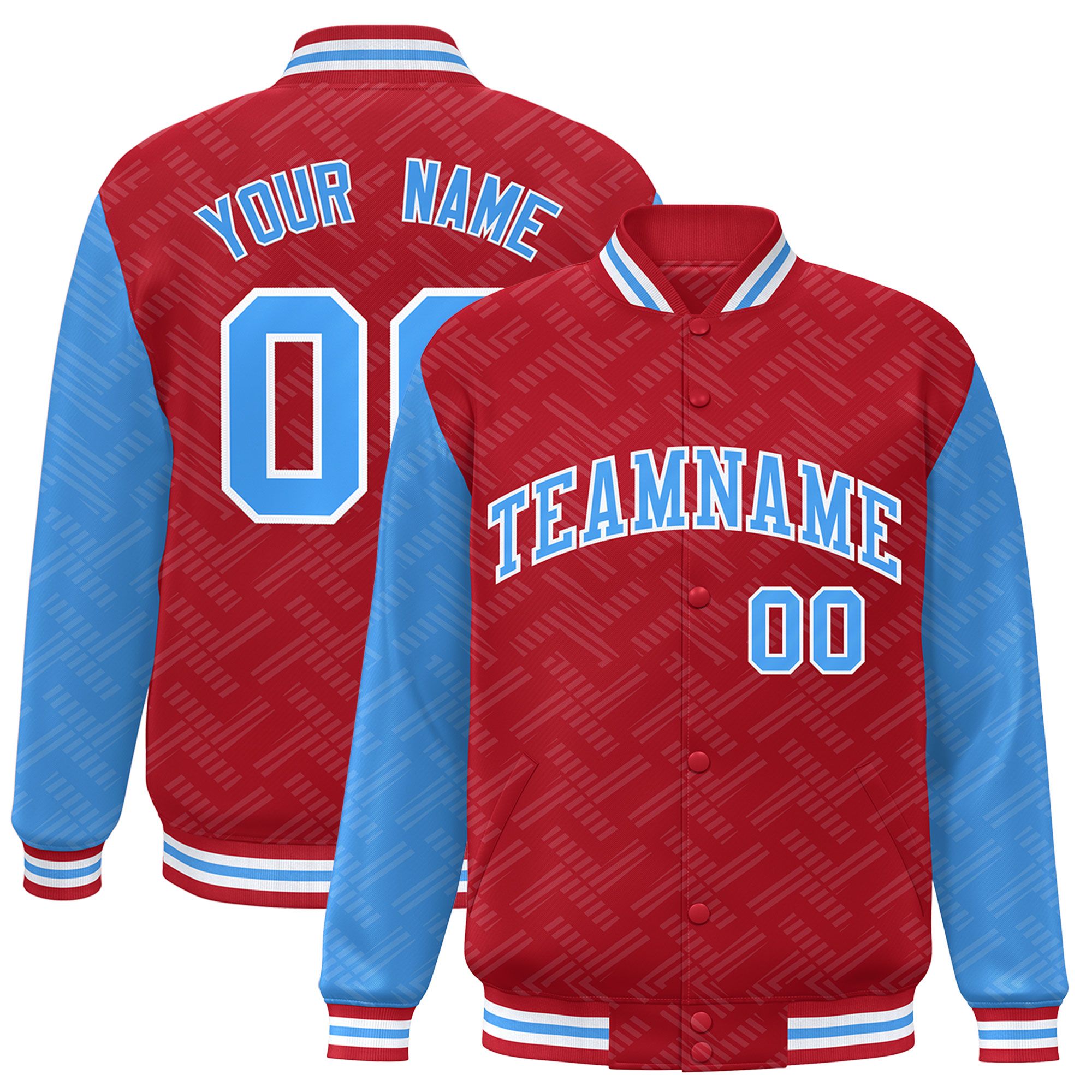 Custom Red Powder Blue L Pattern Varsity Raglan Sleeves Full-Snap Letterman Baseball Jacket