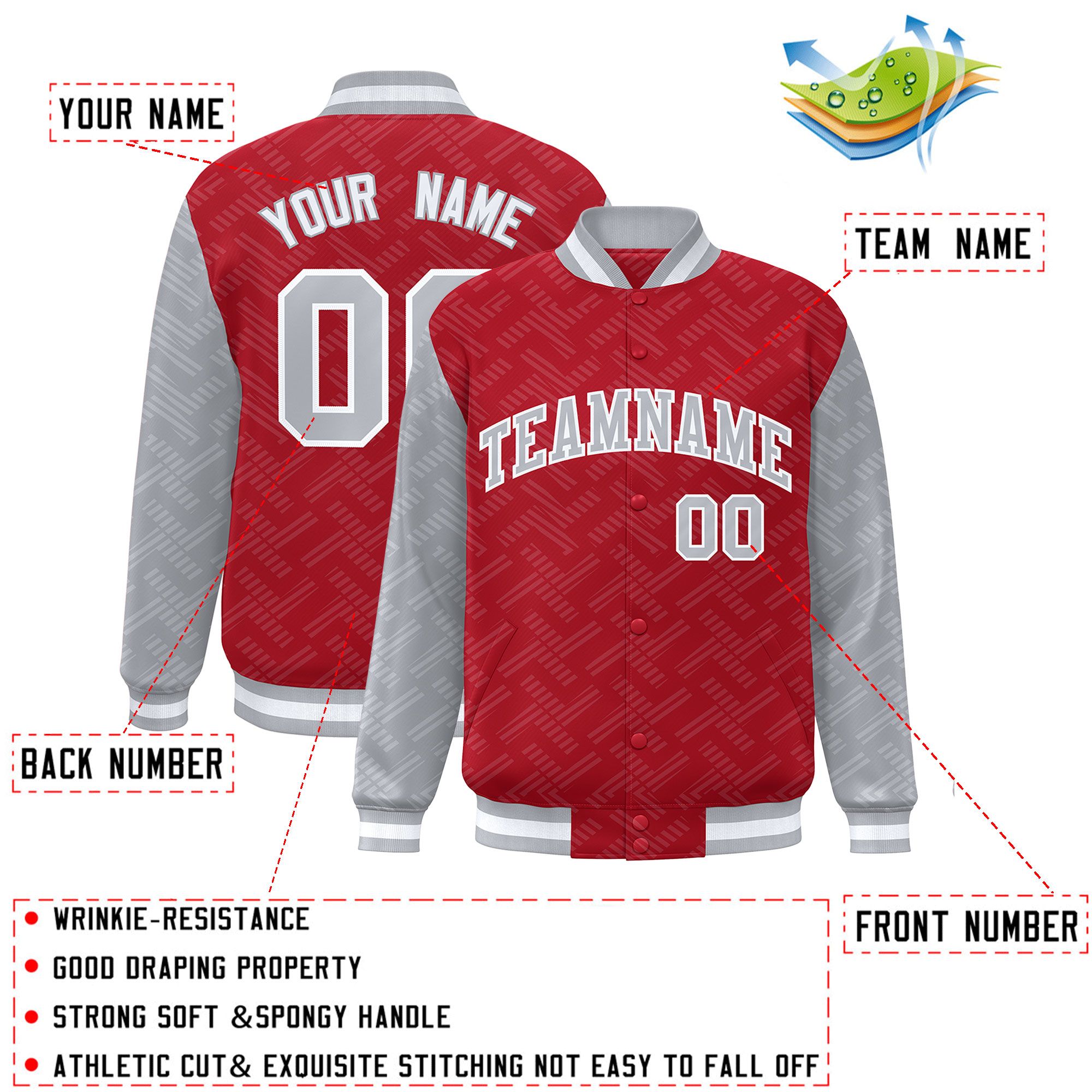 Custom Red Gray L Pattern Varsity Raglan Sleeves Full-Snap Letterman Baseball Jacket