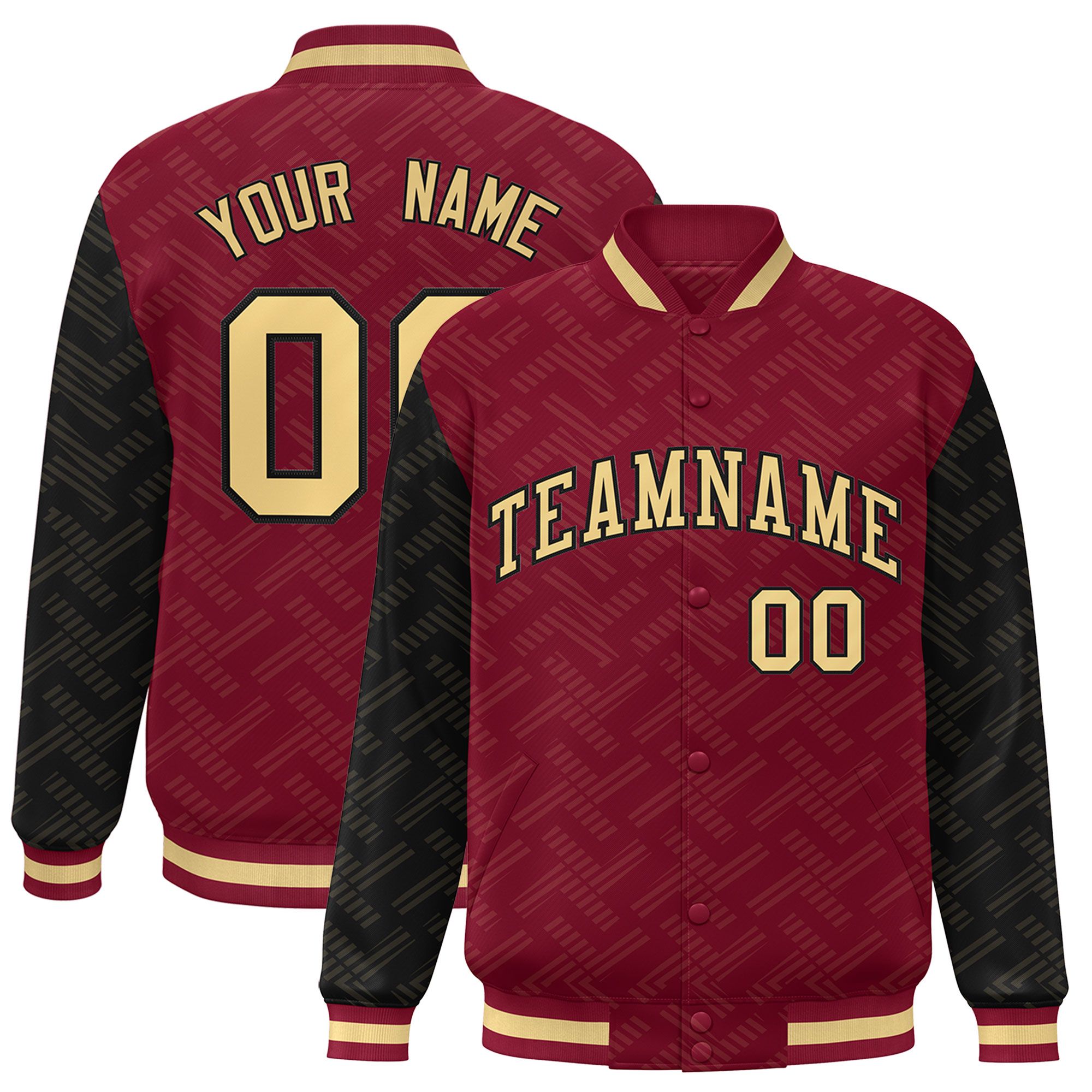 Custom Crimson Black L Pattern Varsity Raglan Sleeves Full-Snap Letterman Baseball Jacket