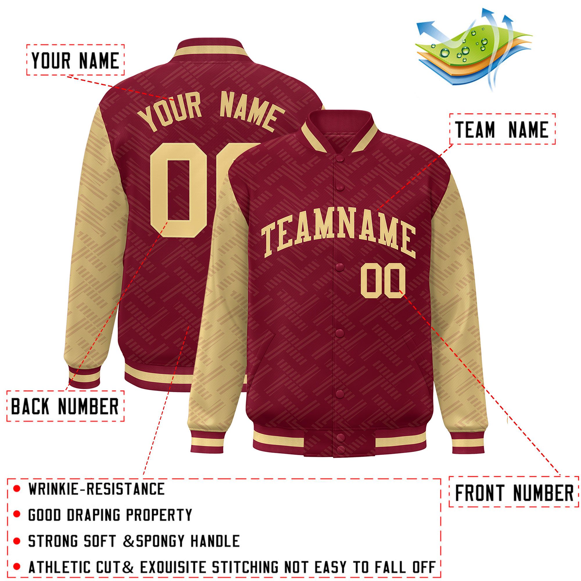 Custom Crimson Khaki L Pattern Varsity Raglan Sleeves Full-Snap Letterman Baseball Jacket