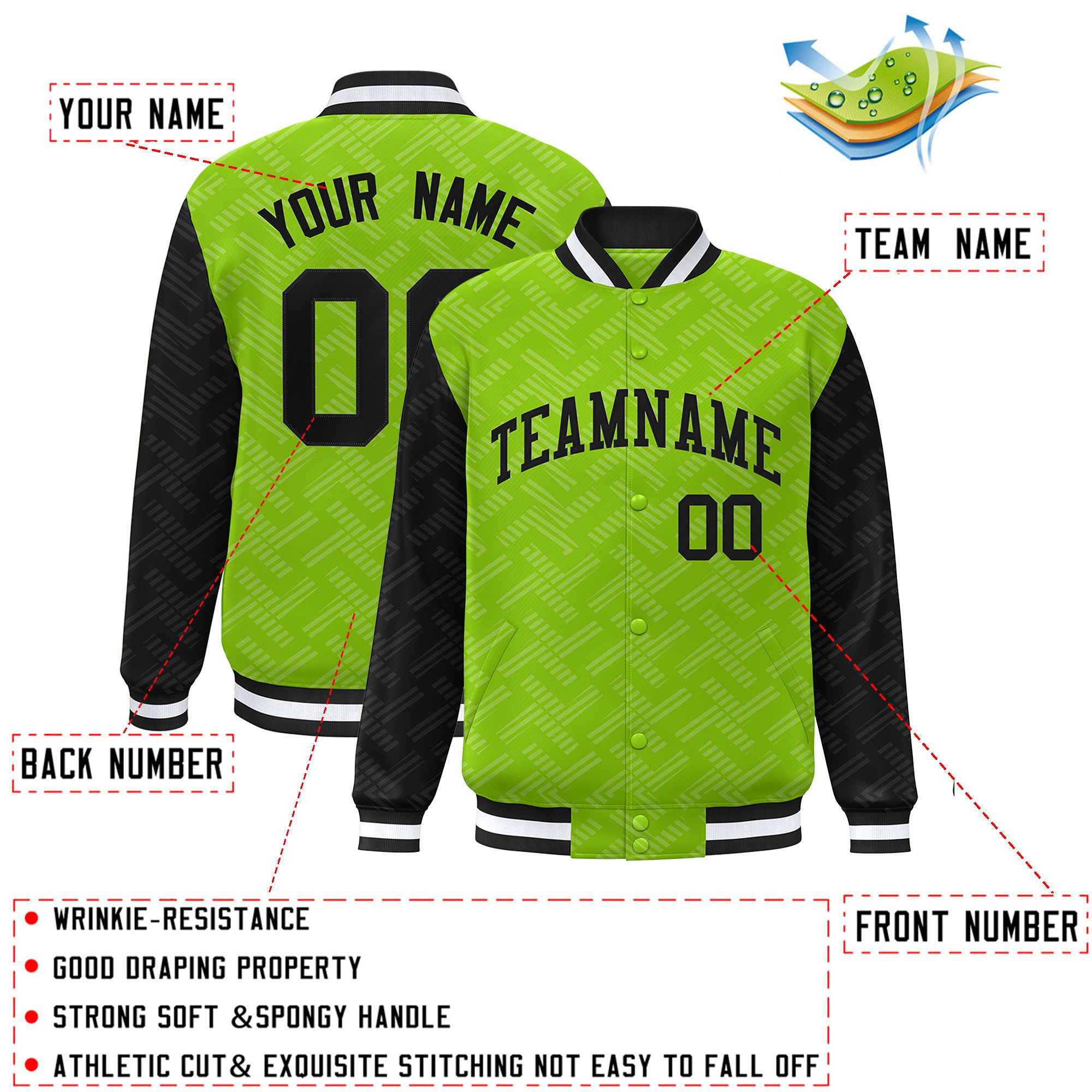 Custom Neon Green Black L Pattern Varsity Raglan Sleeves Full-Snap Letterman Baseball Jacket