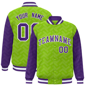 Custom Neon Green Purple L Pattern Varsity Raglan Sleeves Full-Snap Letterman Baseball Jacket