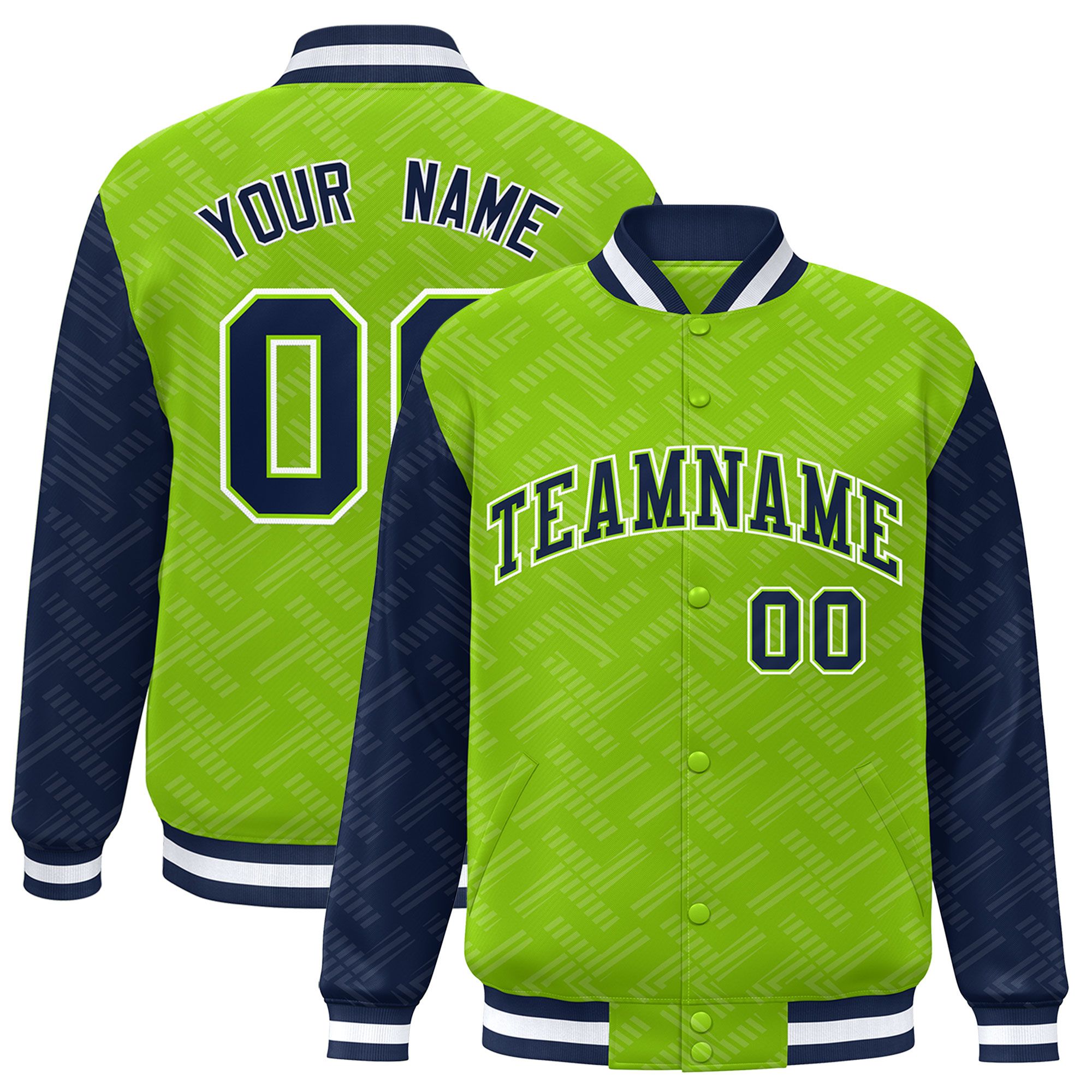 Custom Neon Green Navy L Pattern Varsity Raglan Sleeves Full-Snap Letterman Baseball Jacket