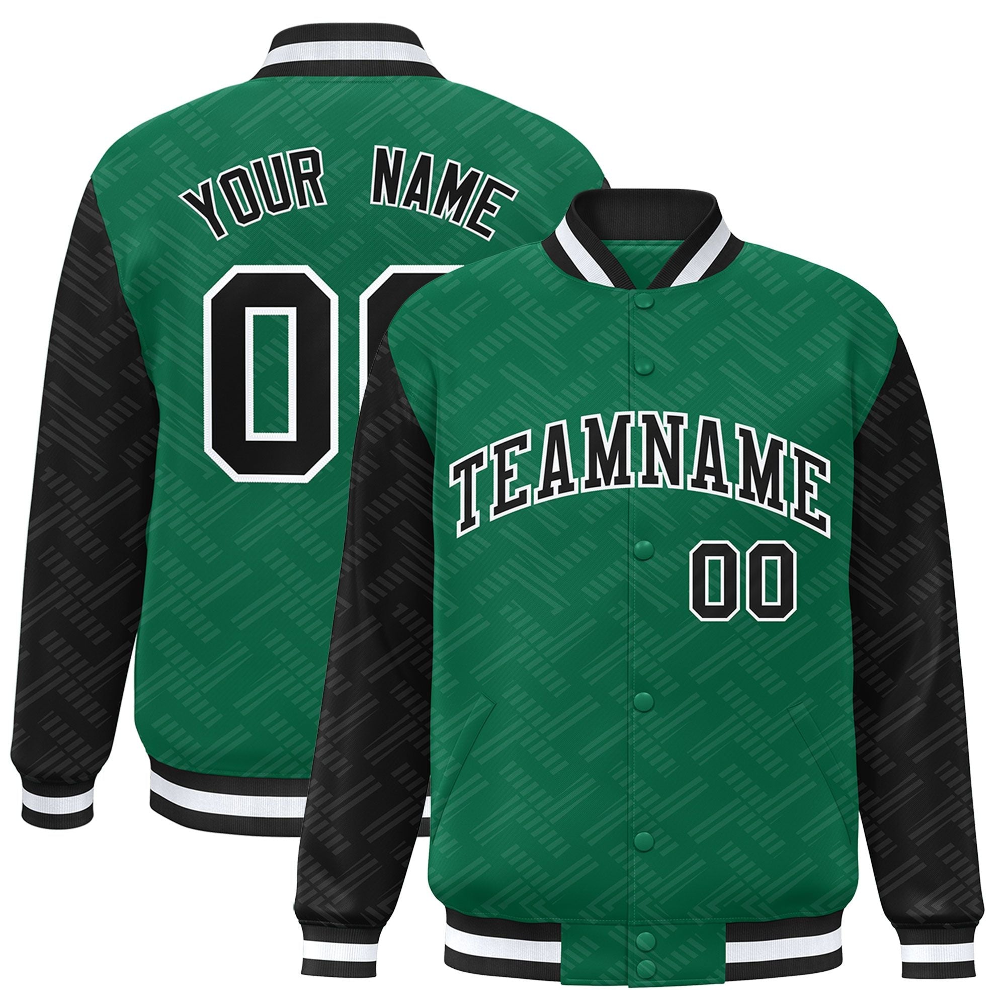 Custom Kelly Green Black L Pattern Varsity Raglan Sleeves Full-Snap Letterman Baseball Jacket