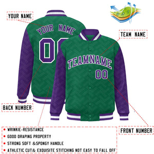 Custom Kelly Green Purple L Pattern Varsity Raglan Sleeves Full-Snap Letterman Baseball Jacket