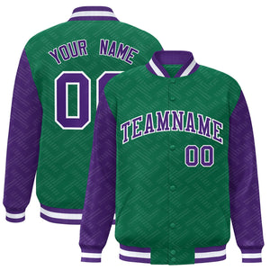 Custom Kelly Green Purple L Pattern Varsity Raglan Sleeves Full-Snap Letterman Baseball Jacket