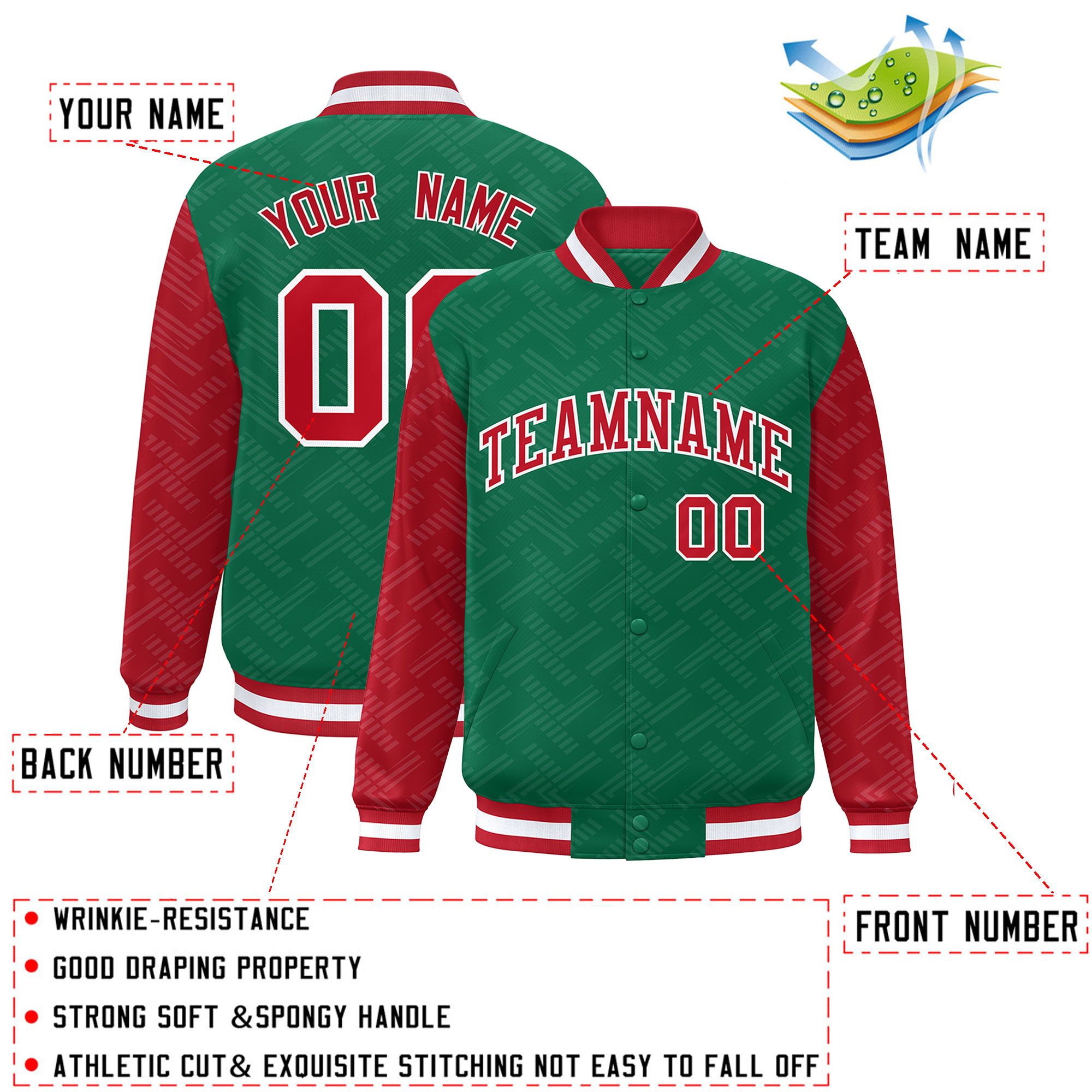 Custom Kelly Green Red L Pattern Varsity Raglan Sleeves Full-Snap Letterman Baseball Jacket