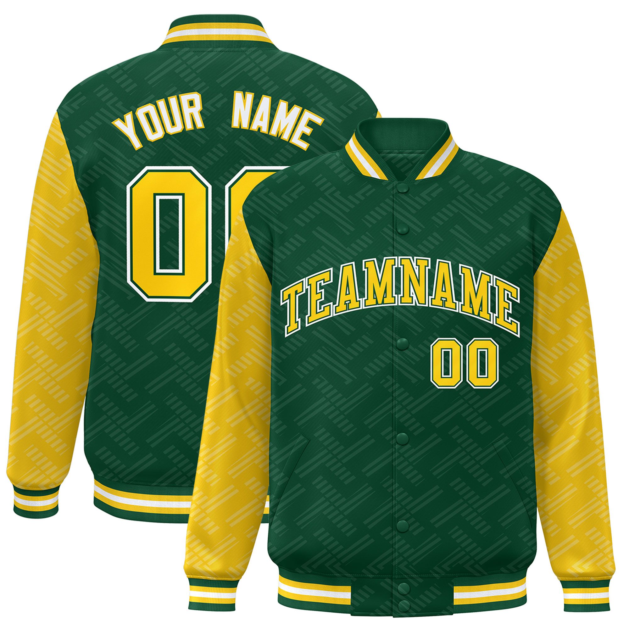 Custom Green Gold L Pattern Varsity Raglan Sleeves Full-Snap Letterman Baseball Jacket