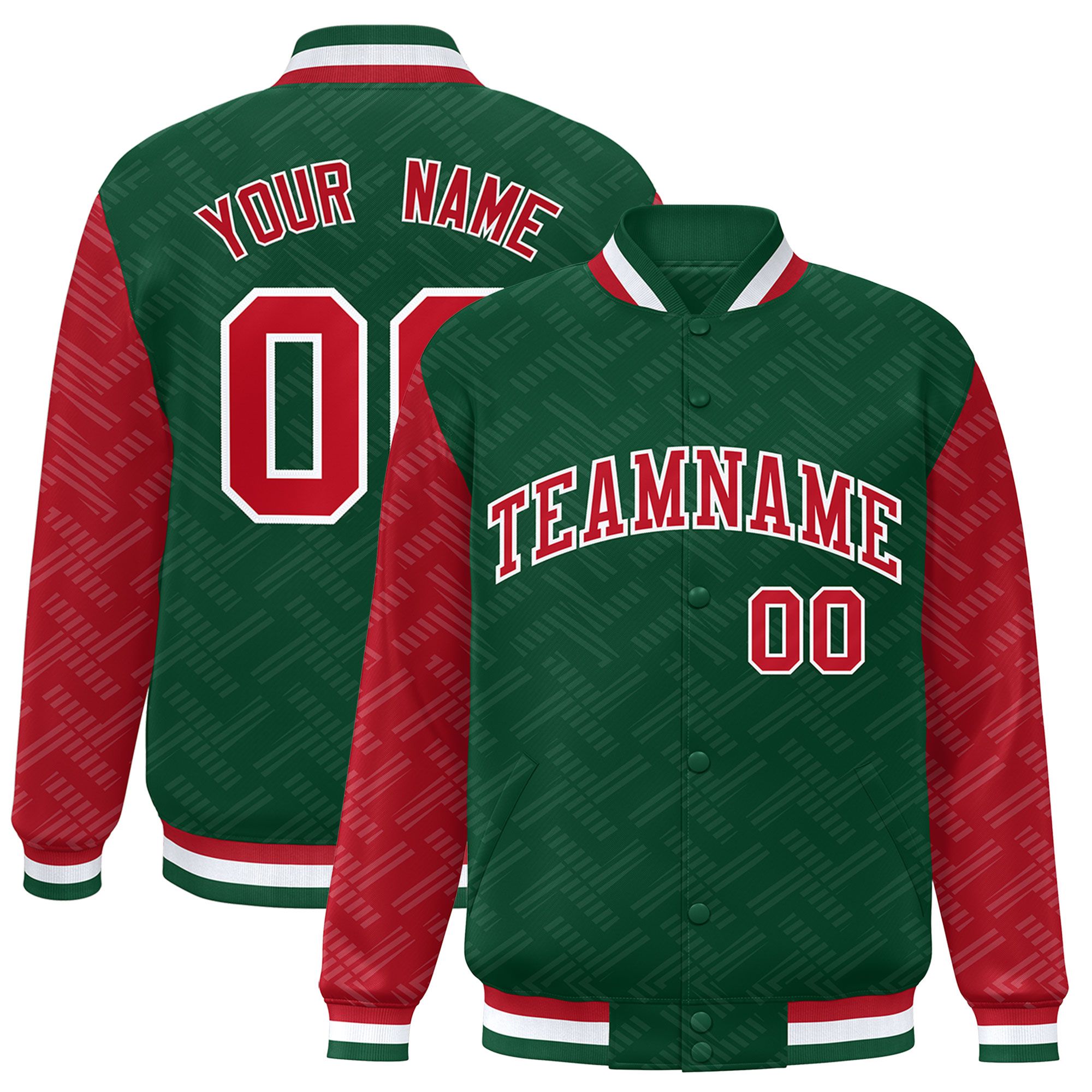 Custom Green Red L Pattern Varsity Raglan Sleeves Full-Snap Letterman Baseball Jacket