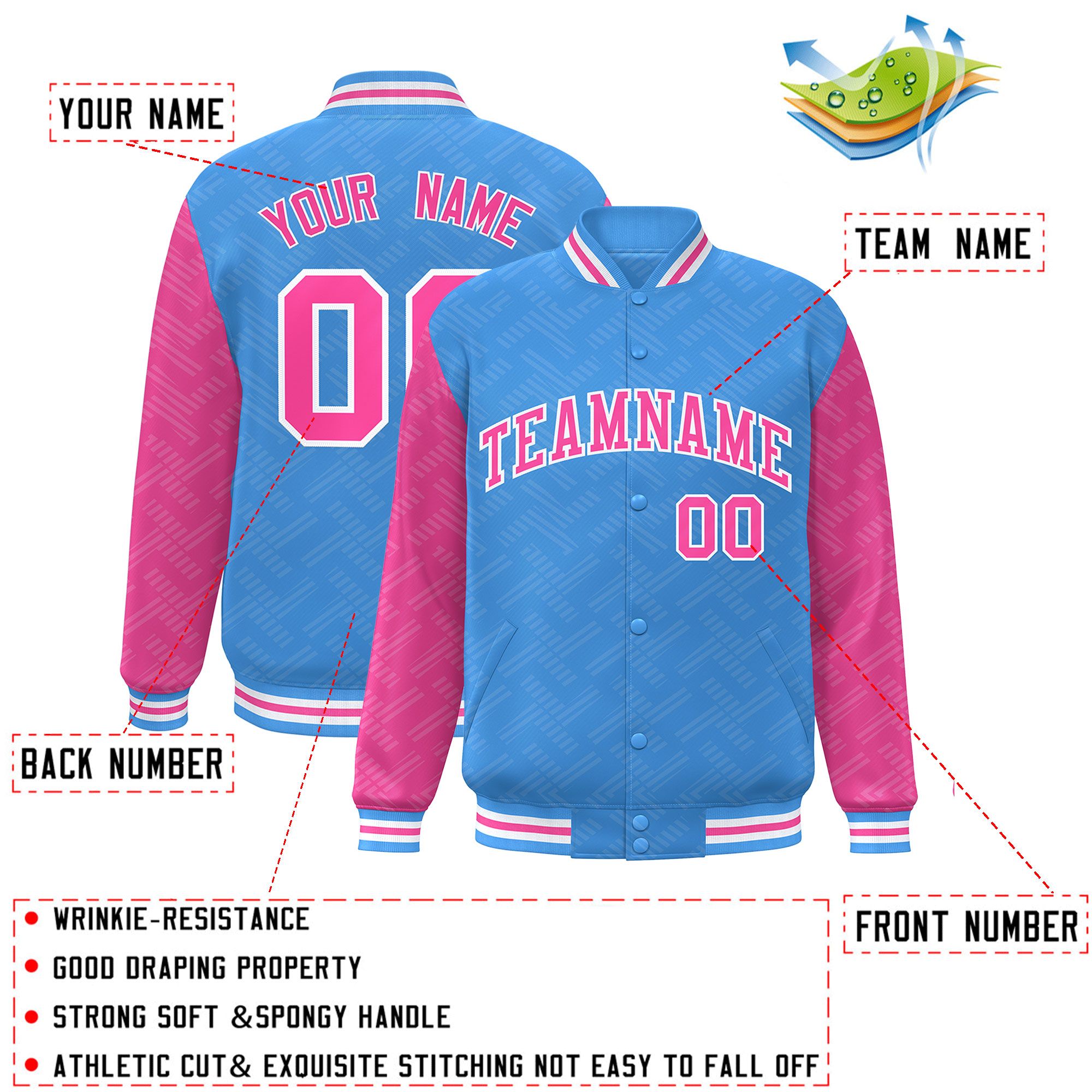 Custom Powder Blue Pink L Pattern Varsity Raglan Sleeves Full-Snap Letterman Baseball Jacket