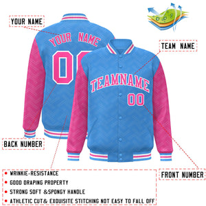 Custom Powder Blue Pink L Pattern Varsity Raglan Sleeves Full-Snap Letterman Baseball Jacket