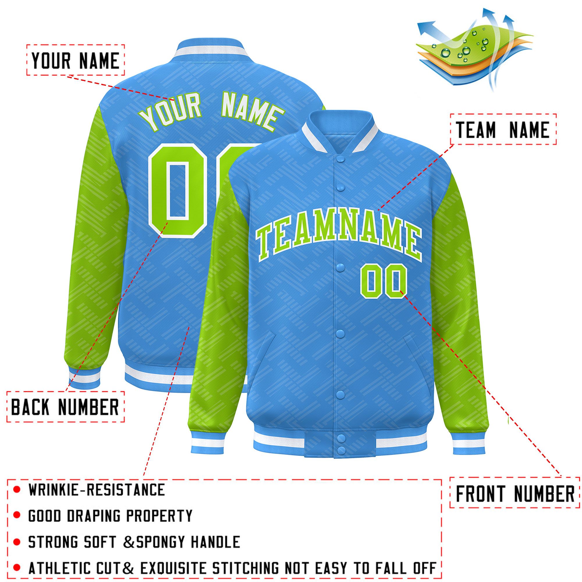 Custom Powder Blue Neon Green L Pattern Varsity Raglan Sleeves Full-Snap Letterman Baseball Jacket