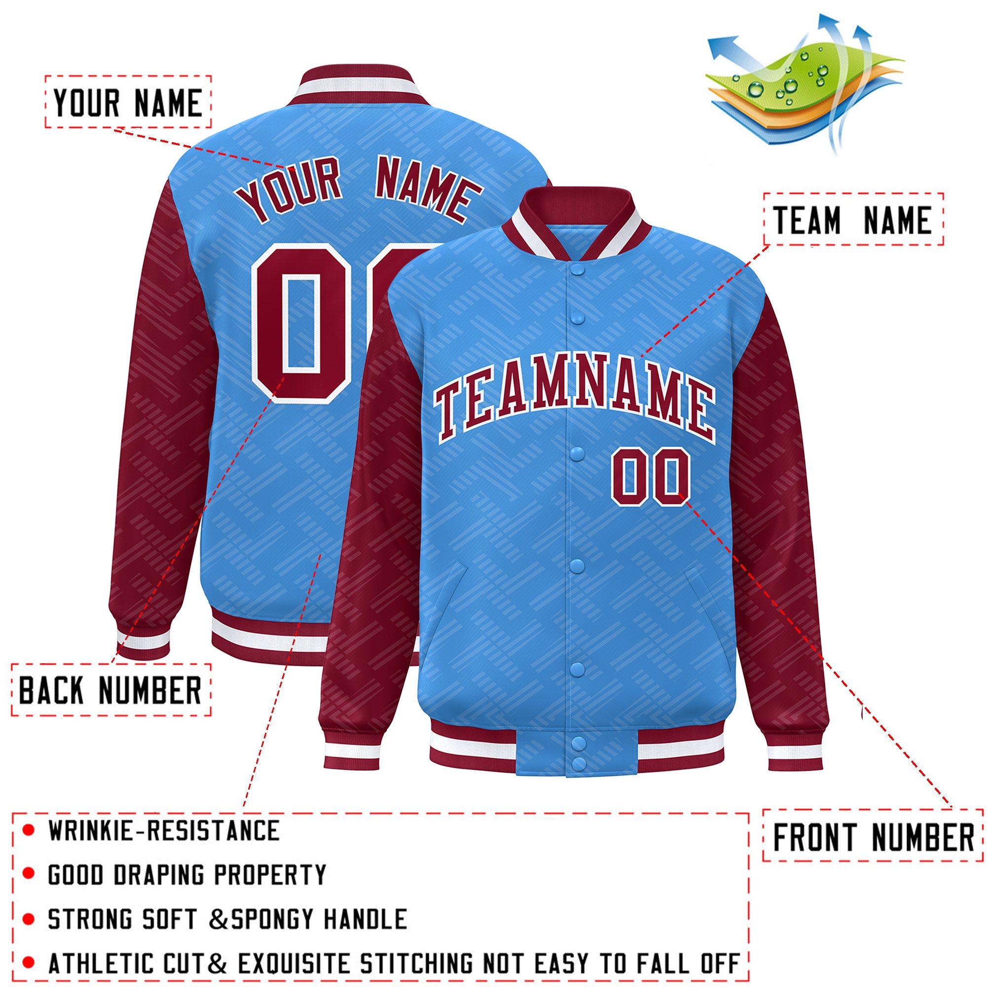 Custom Powder Blue Crimson L Pattern Varsity Raglan Sleeves Full-Snap Letterman Baseball Jacket