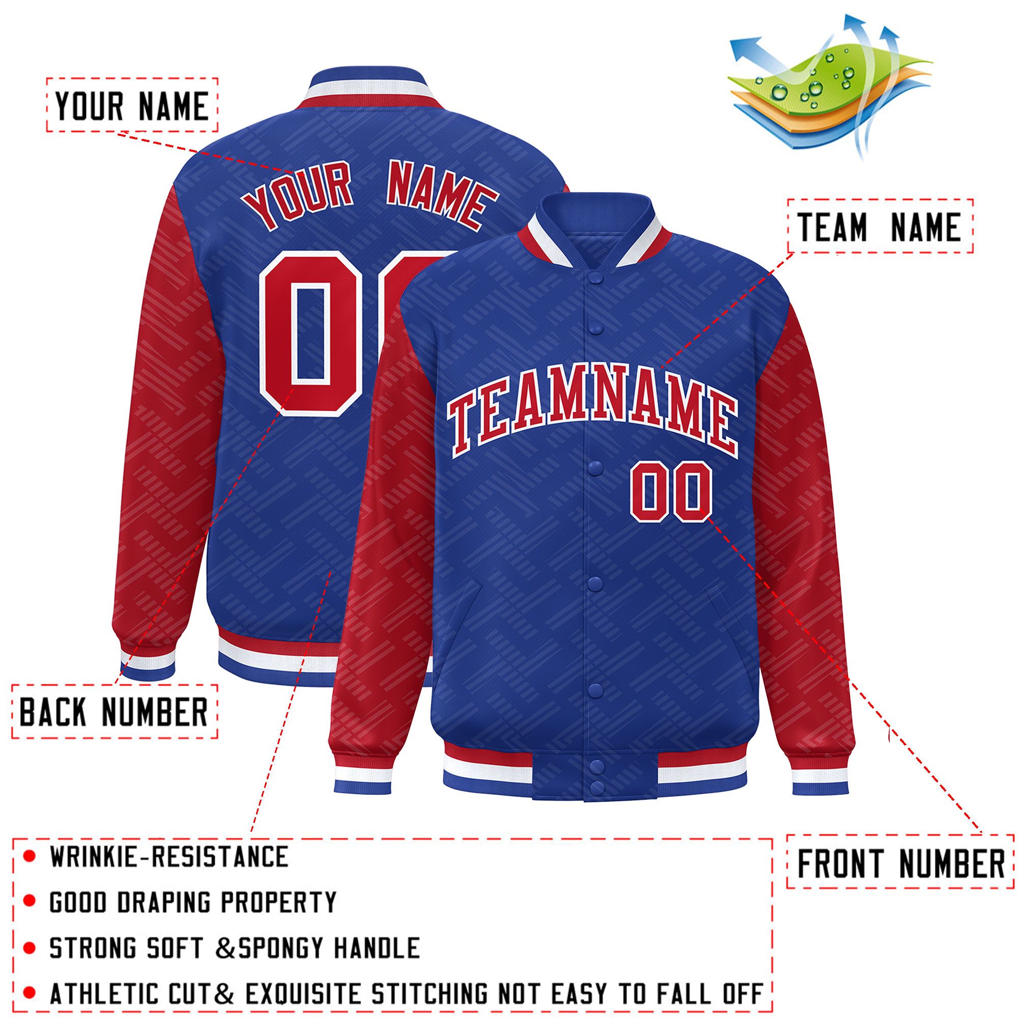 Custom Royal Red L Pattern Varsity Raglan Sleeves Full-Snap Letterman Baseball Jacket