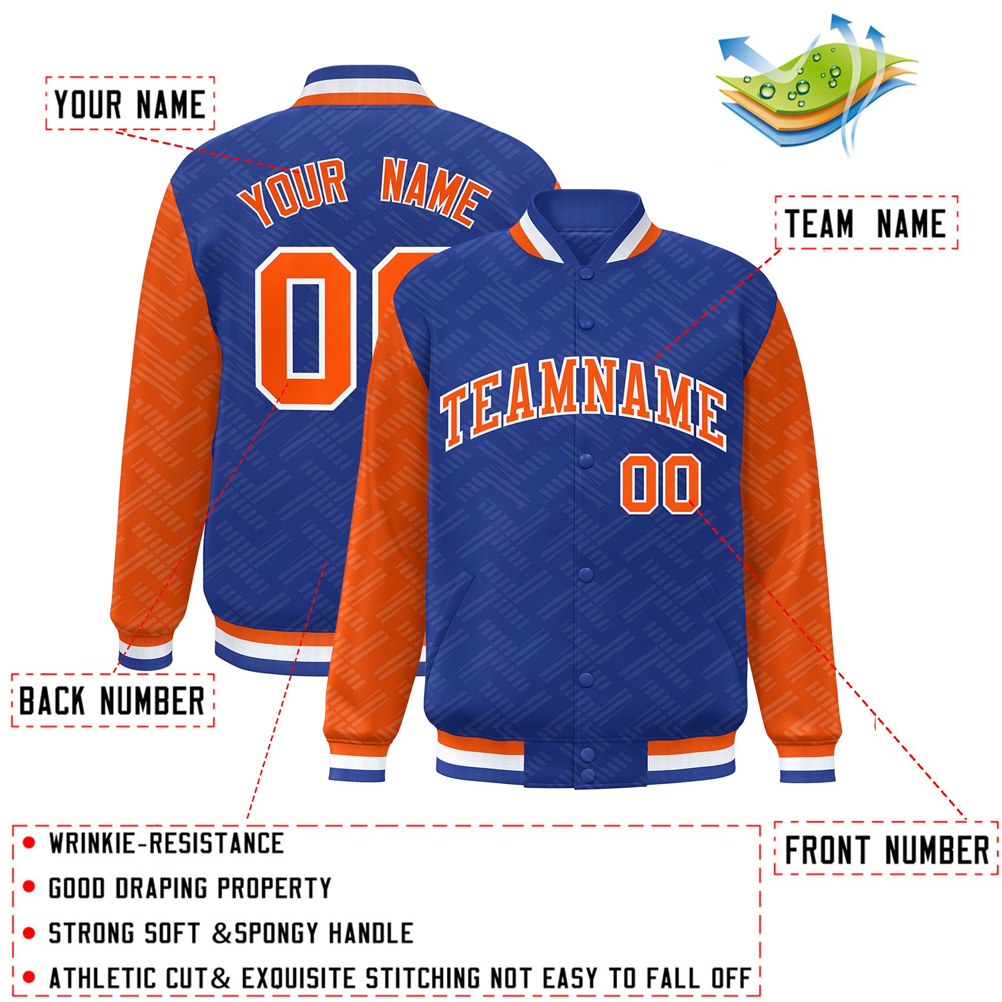 Custom Royal Orange L Pattern Varsity Raglan Sleeves Full-Snap Letterman Baseball Jacket