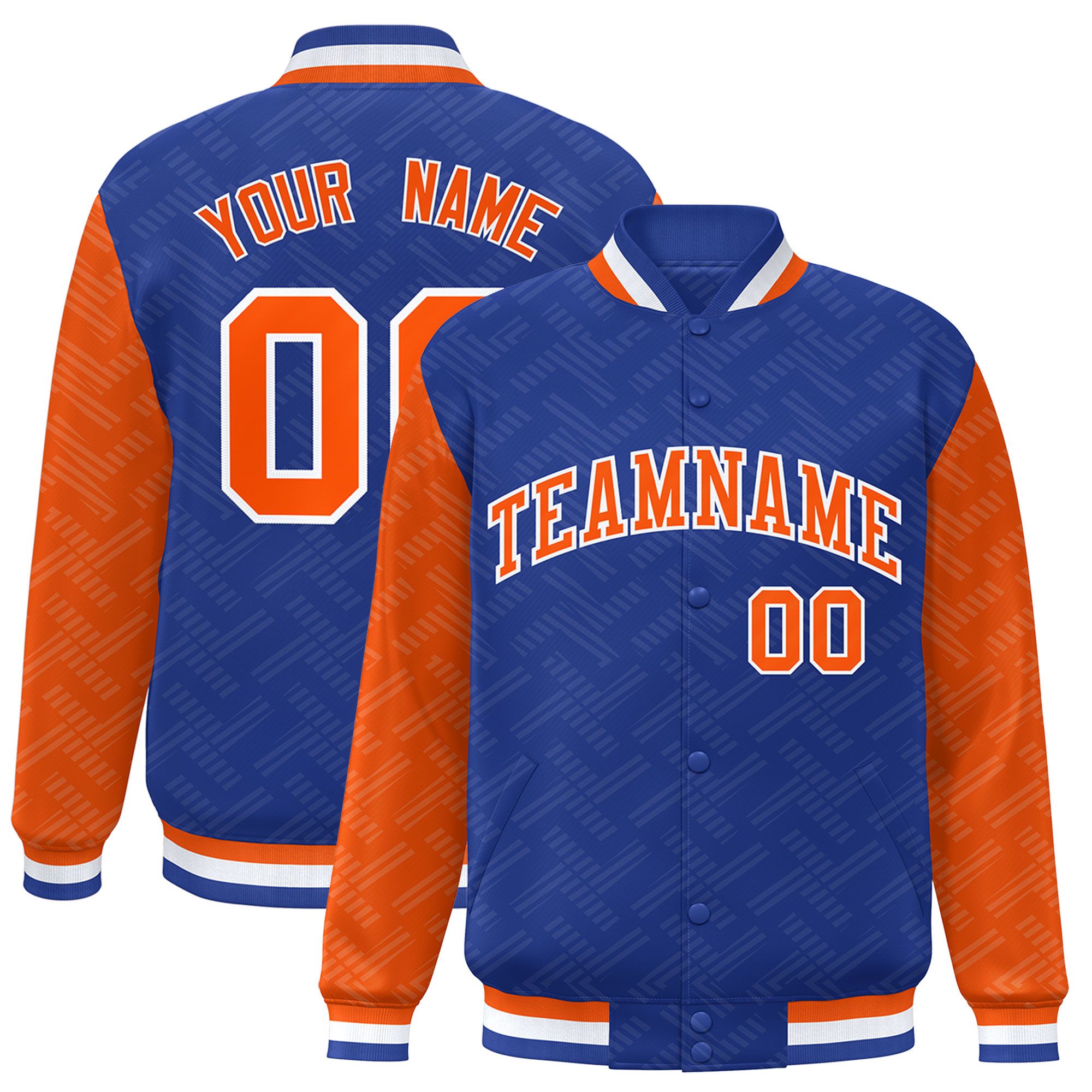 Custom Royal Orange L Pattern Varsity Raglan Sleeves Full-Snap Letterman Baseball Jacket