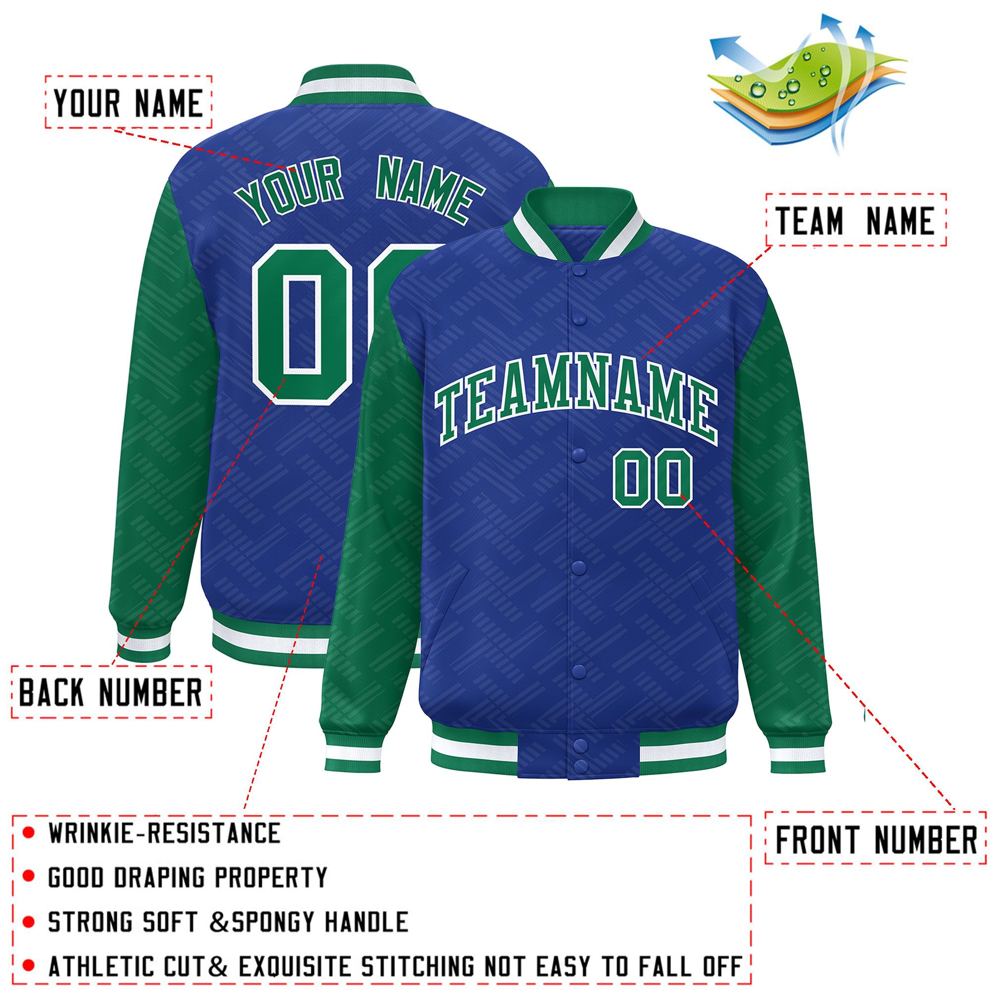 Custom Royal Kelly Green L Pattern Varsity Raglan Sleeves Full-Snap Letterman Baseball Jacket